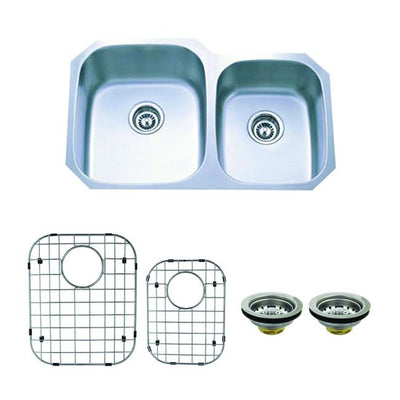 Stainless Steel Undermount Double Bowl Kitchen Sink Package w/ Strainer and Grid