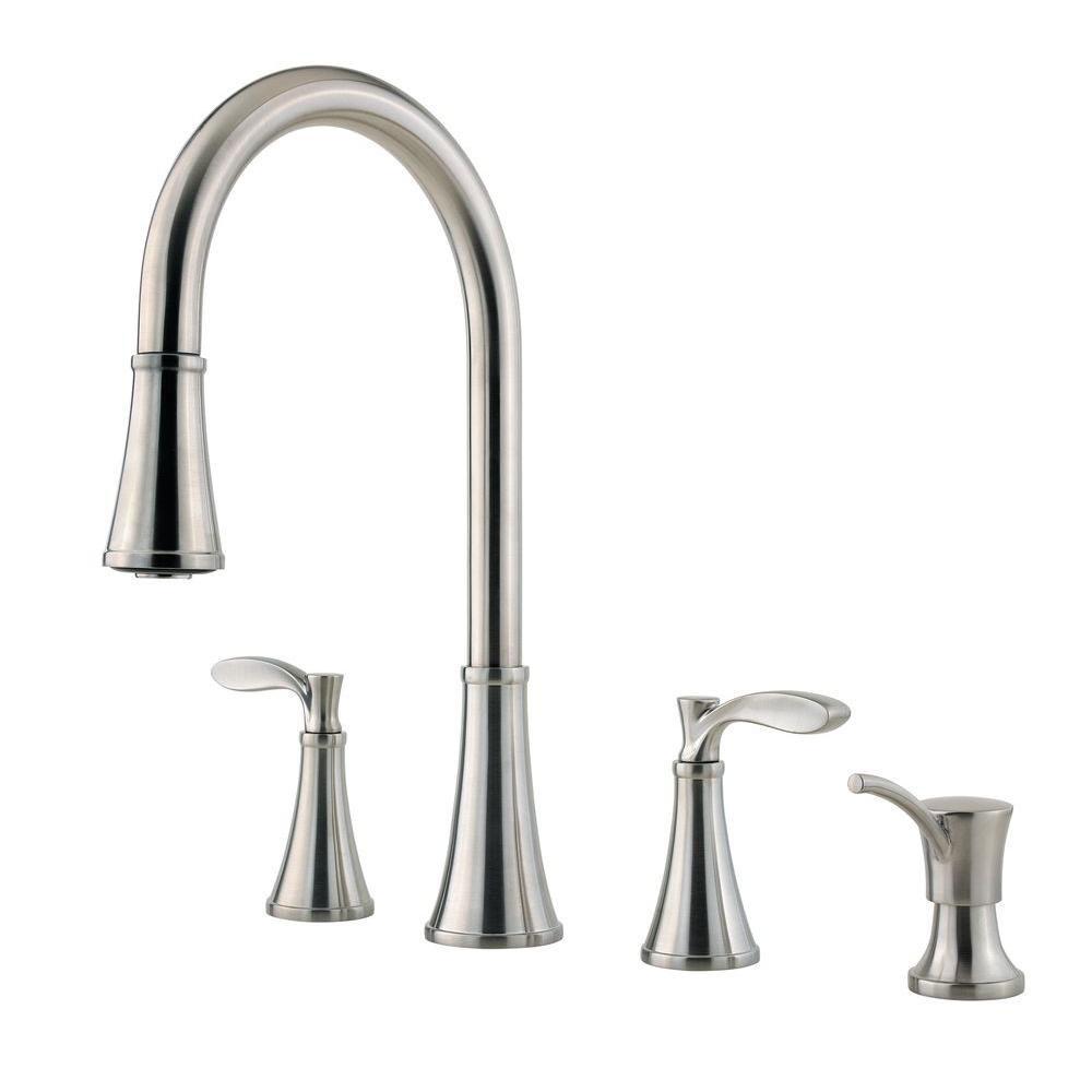 Price Pfister Petaluma 2-Handle Pull-Down Sprayer Kitchen Faucet with Soap Dispenser in Stainless Steel 473295