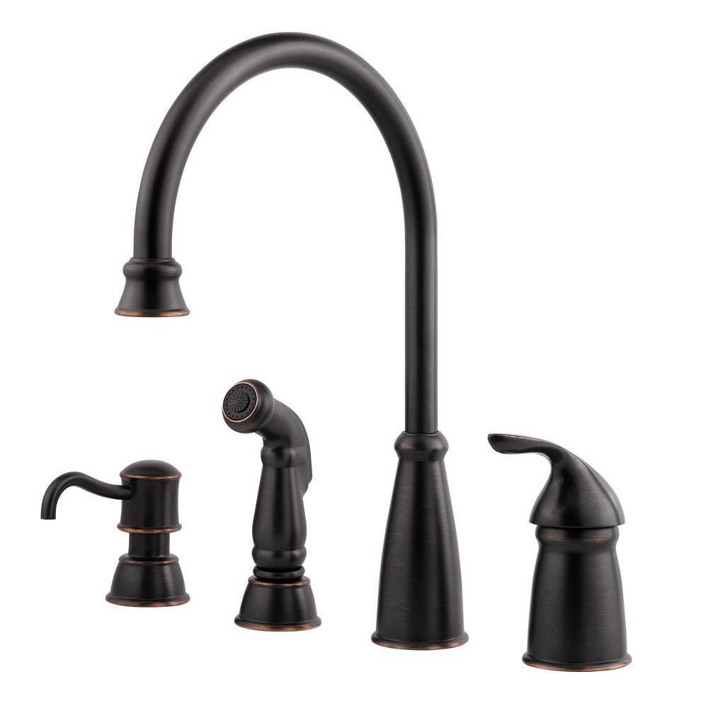 Price Pfister Avalon Single-Handle Side Sprayer Kitchen Faucet with Soap Dispenser in Tuscan Bronze 473296