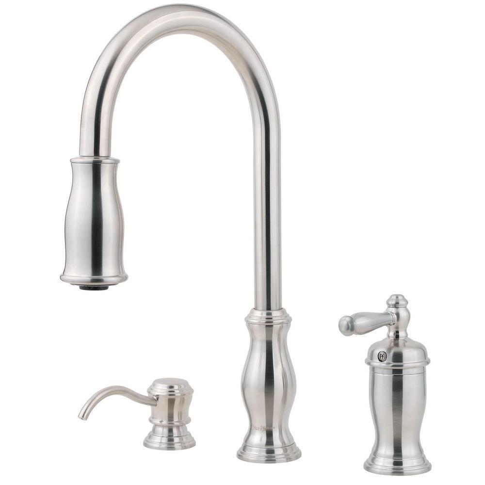 Price Pfister Hanover Single-Handle Pull-Down Sprayer Kitchen Faucet with Soap Dispenser in Stainless Steel 475754