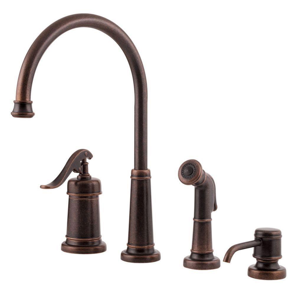 Price Pfister Ashfield Single-Handle Side Sprayer Kitchen Faucet with Sidespray and Soap Dispenser in Tuscan Bronze 519843