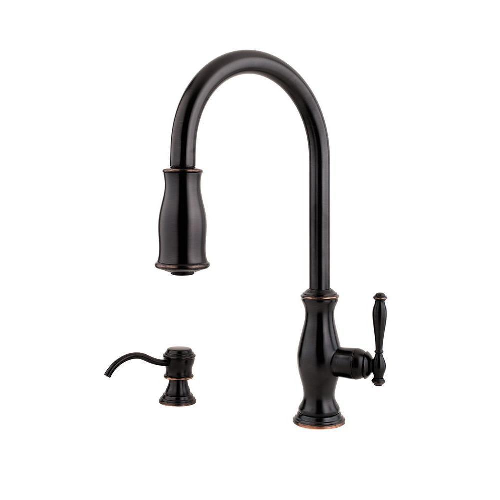 Price Pfister Hanover Single-Handle Pull-Down Sprayer Lead-Free Kitchen Faucet with Soap Dispenser in Tuscan Bronze 544365