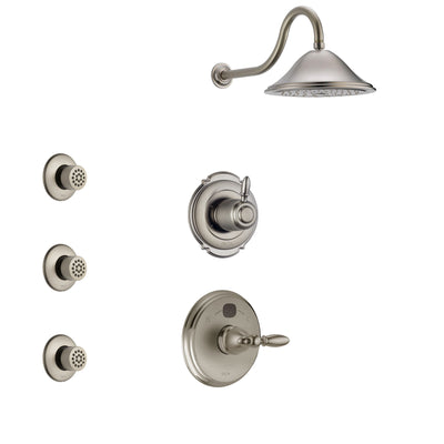 Delta Victorian Stainless Steel Finish Shower System with Temp2O Control Handle, 3-Setting Diverter, Showerhead, and 3 Body Sprays SS14001SS5