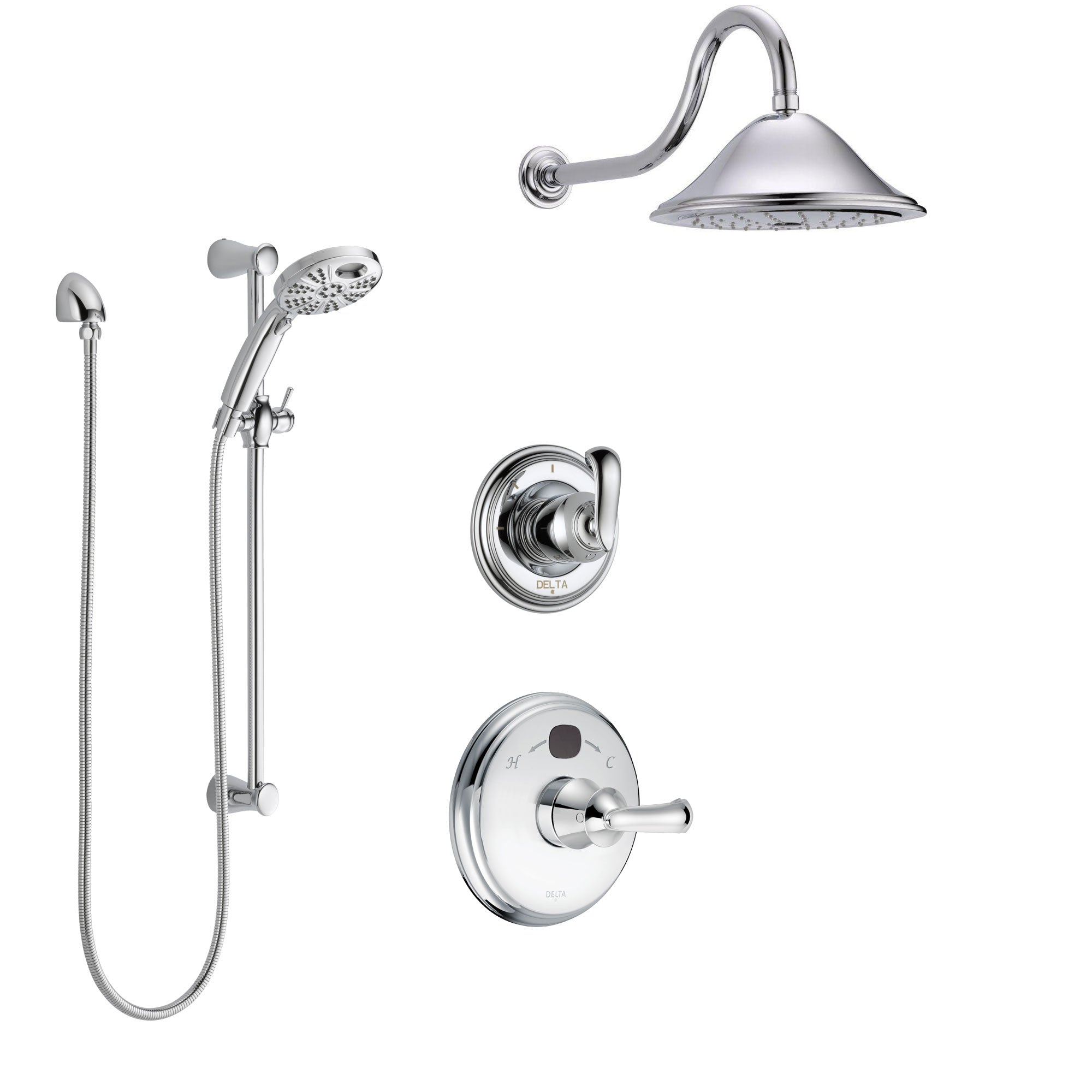 Delta Cassidy Chrome Finish Shower System with Temp2O Control Handle, 3-Setting Diverter, Showerhead, and Hand Shower with Slidebar SS140021