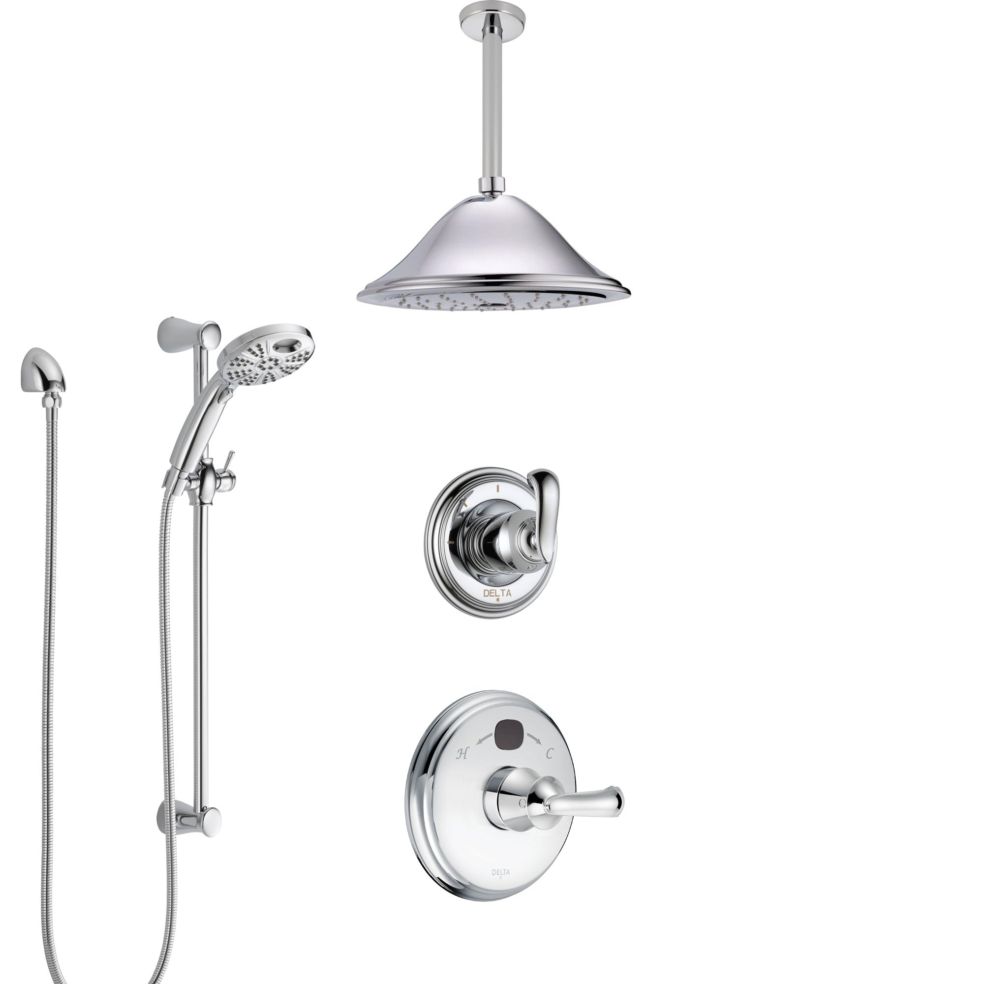 Delta Cassidy Chrome Finish Shower System with Temp2O Control, 3-Setting Diverter, Ceiling Mount Showerhead, and Hand Shower with Slidebar SS140022