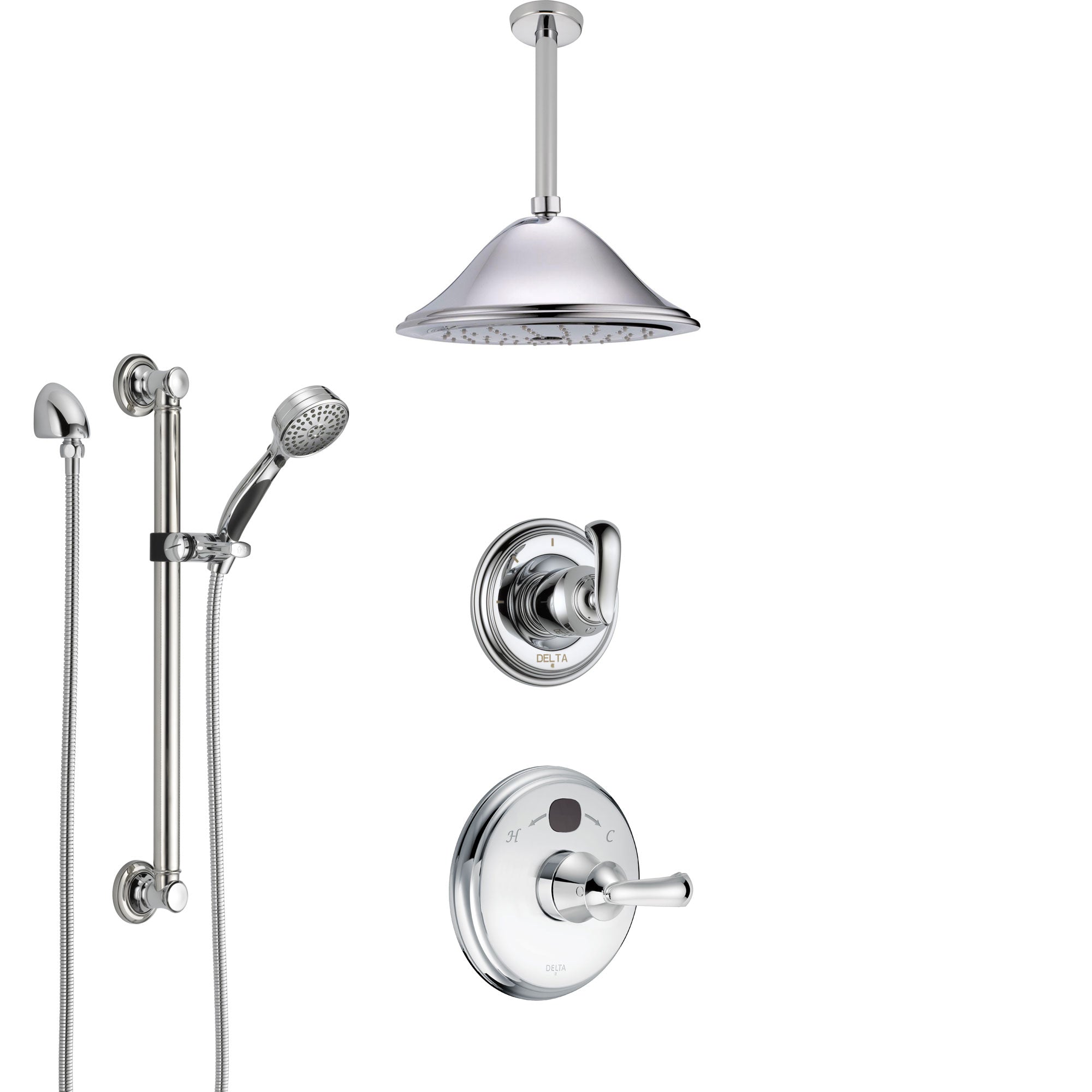 Delta Cassidy Chrome Finish Shower System with Temp2O Control, 3-Setting Diverter, Ceiling Mount Showerhead, and Hand Shower with Grab Bar SS140023