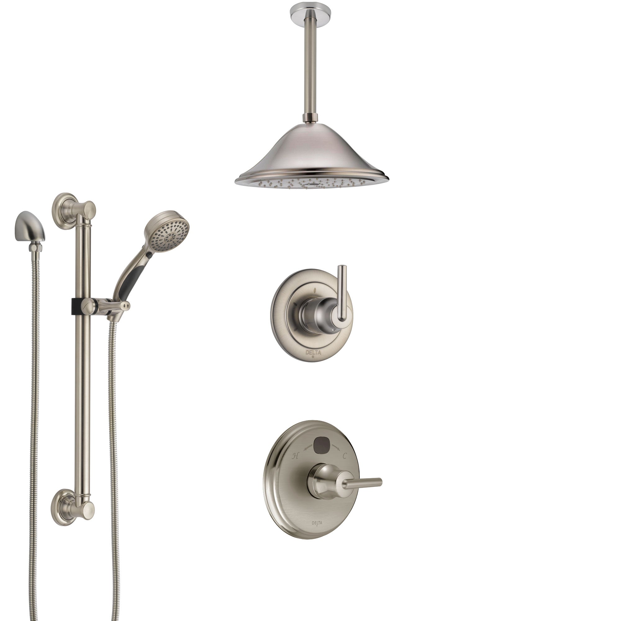Delta Trinsic Stainless Steel Finish Shower System with Temp2O Control, Diverter, Ceiling Mount Showerhead, and Hand Shower with Grab Bar SS14002SS10