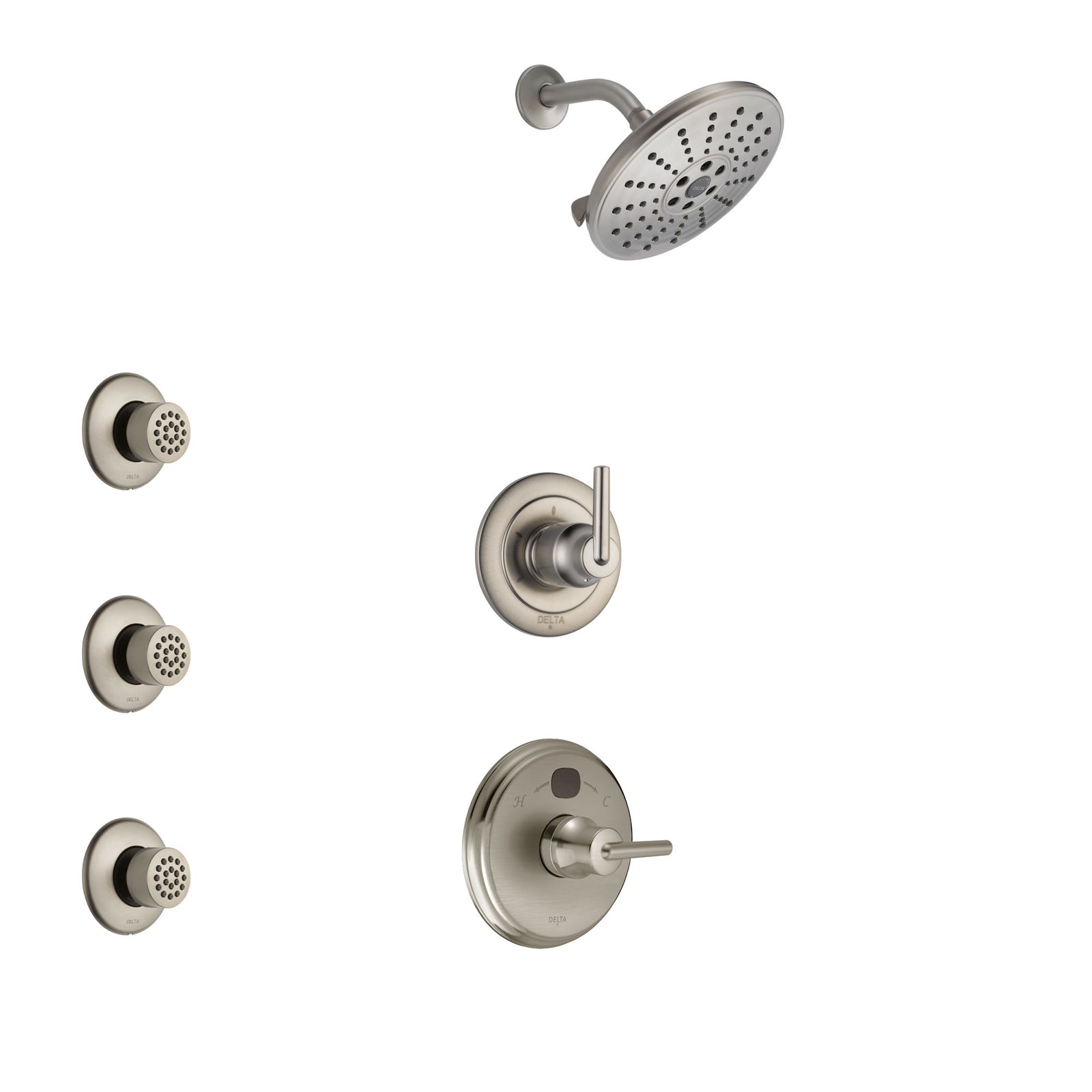 Delta Trinsic Stainless Steel Finish Shower System with Temp2O Control Handle, 3-Setting Diverter, Showerhead, and 3 Body Sprays SS14002SS9
