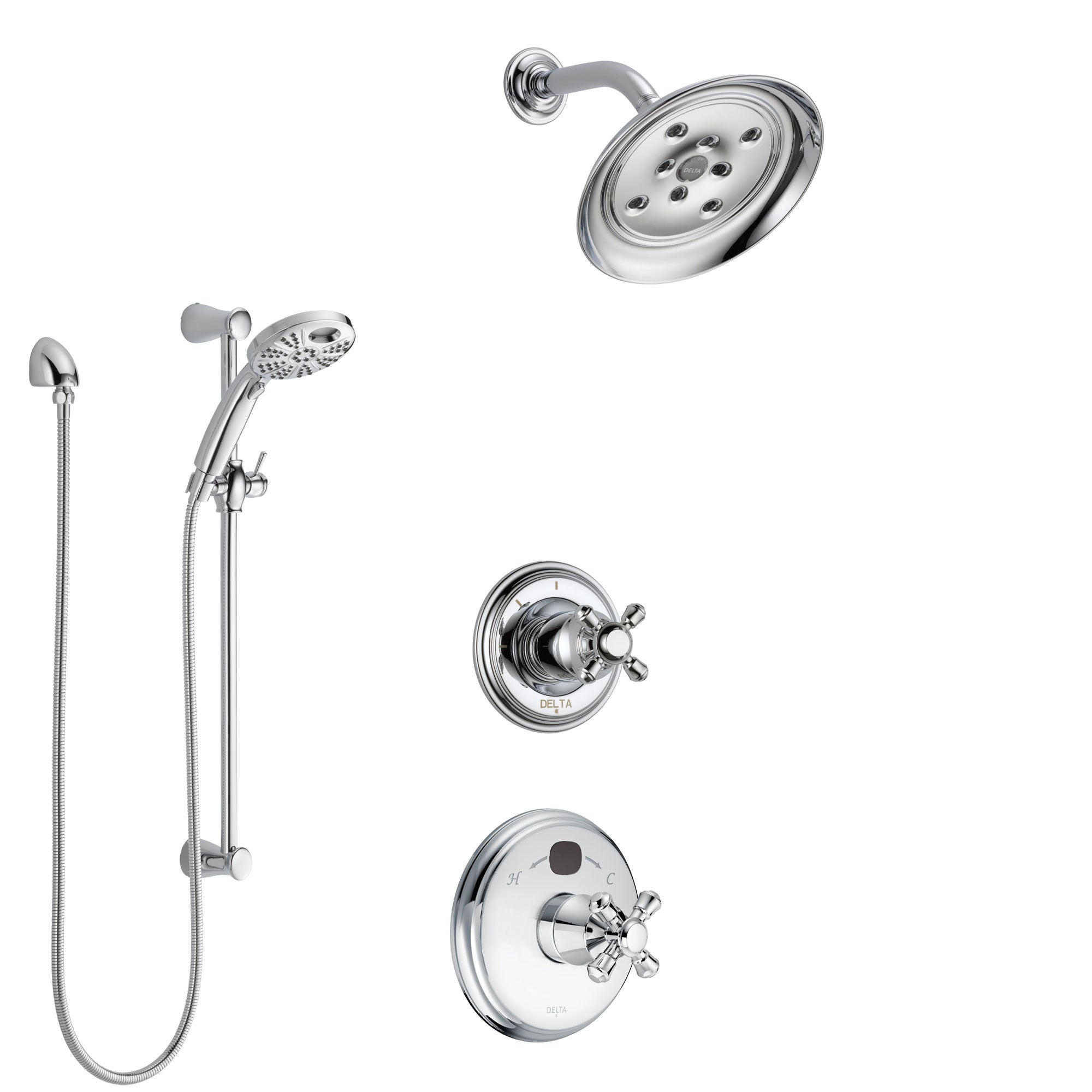 Delta Cassidy Chrome Finish Shower System with Temp2O Control Handle, 3-Setting Diverter, Showerhead, and Hand Shower with Slidebar SS140034