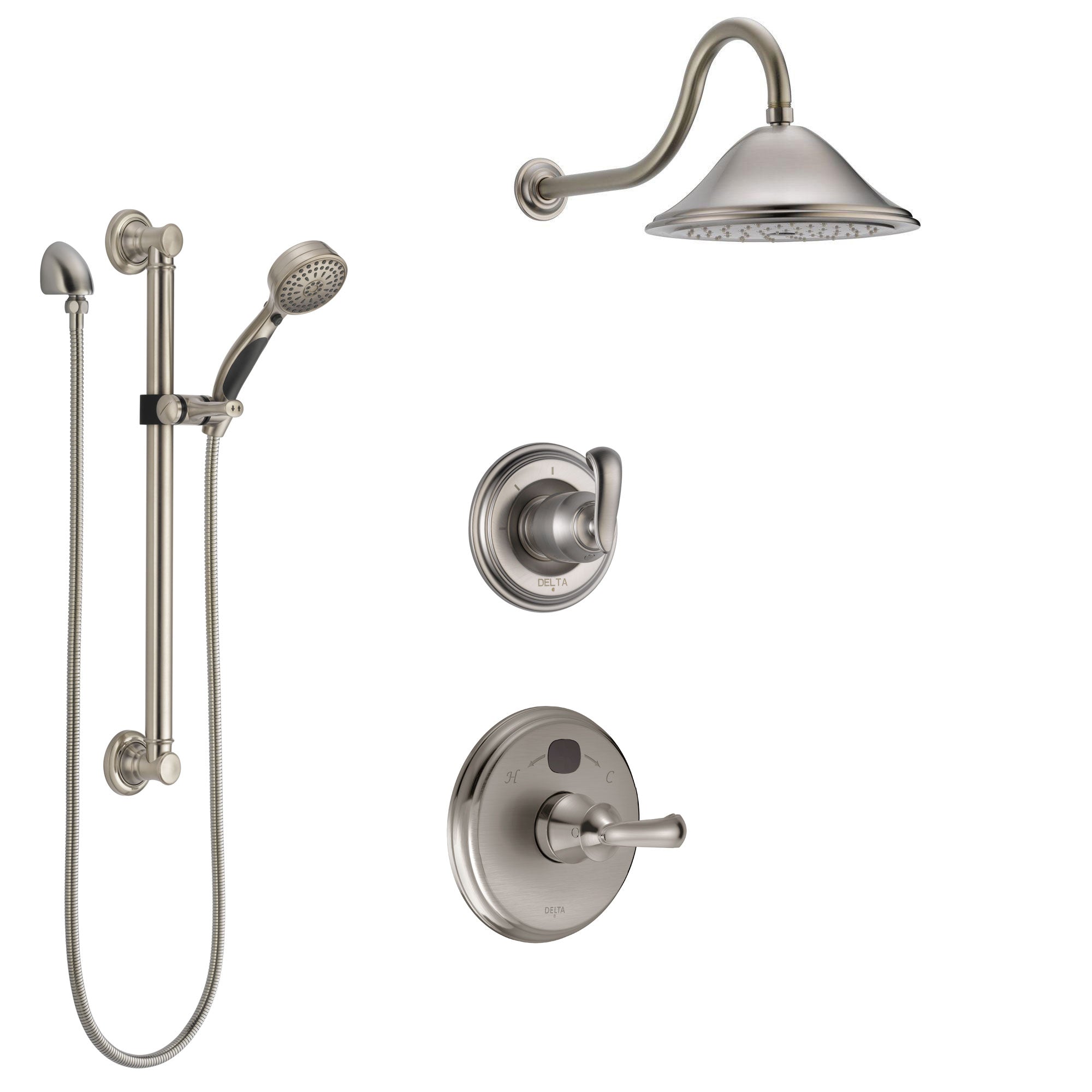 Delta Cassidy Stainless Steel Finish Shower System with Temp2O Control Handle, 3-Setting Diverter, Showerhead, and Hand Shower w/ Grab Bar SS14003SS1