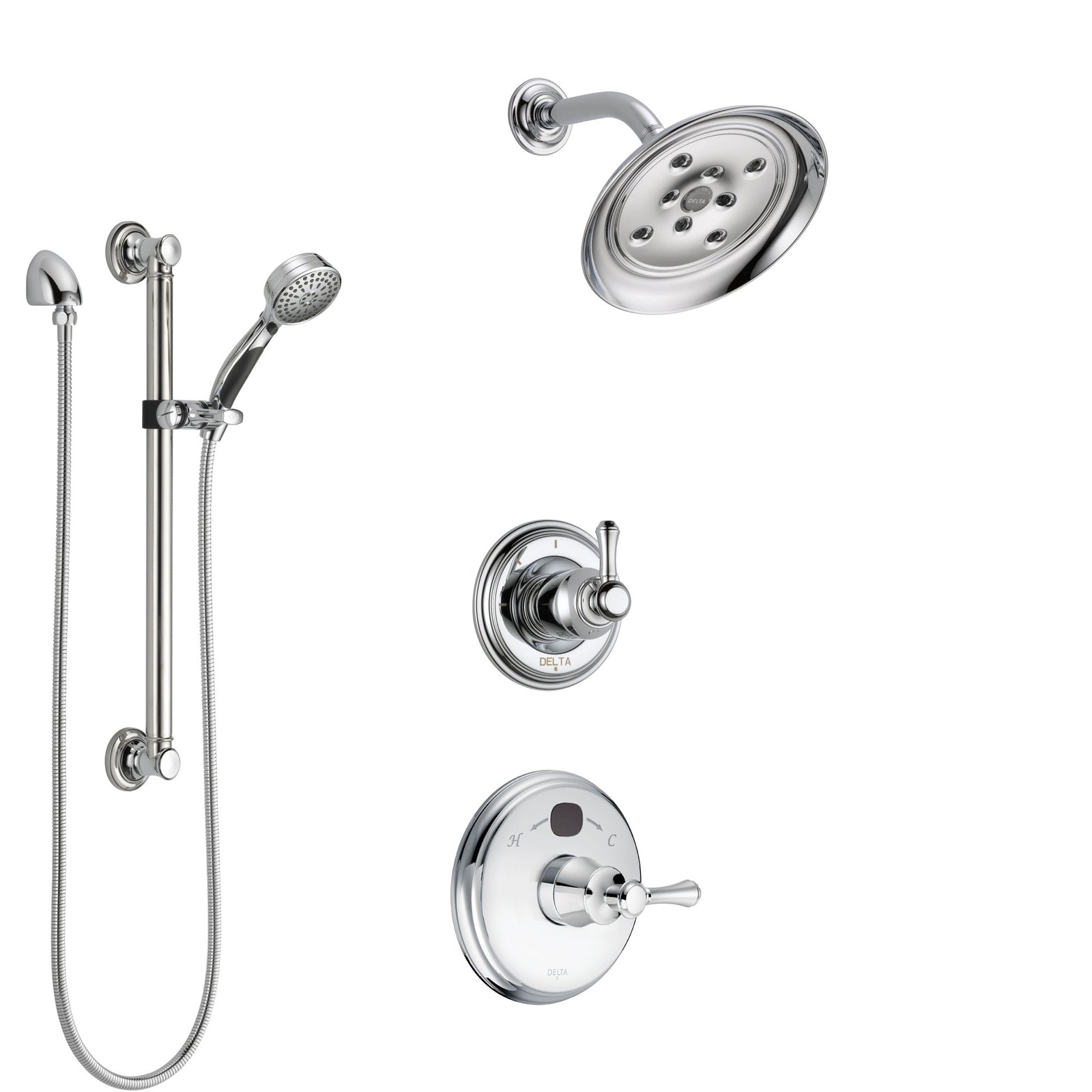 Delta Cassidy Chrome Finish Shower System with Temp2O Control Handle, 3-Setting Diverter, Showerhead, and Hand Shower with Grab Bar SS1400410