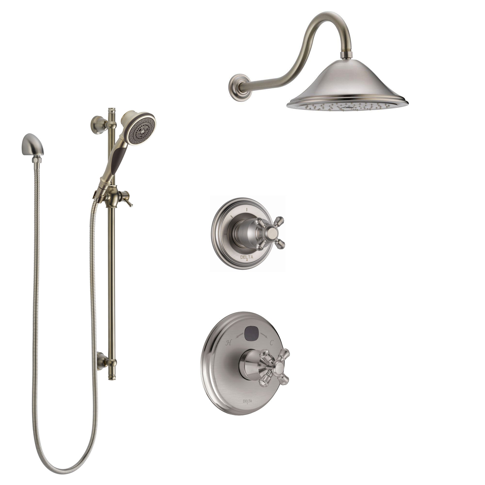 Delta Cassidy Stainless Steel Finish Shower System with Temp2O Control Handle, 3-Setting Diverter, Showerhead, and Hand Shower w/ Slidebar SS14004SS2