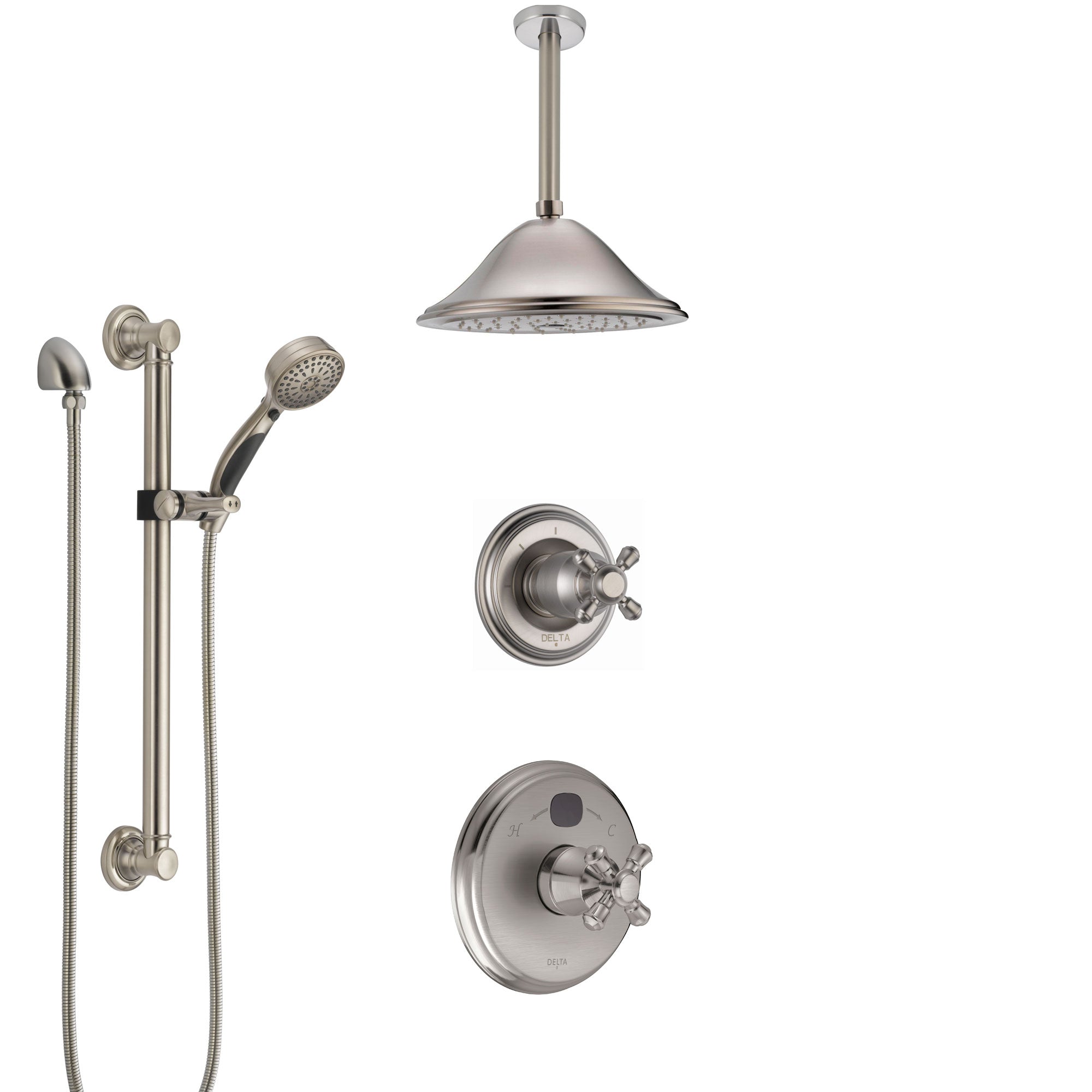 Delta Cassidy Stainless Steel Finish Shower System with Temp2O Control, Diverter, Ceiling Mount Showerhead, and Hand Shower with Grab Bar SS14004SS7