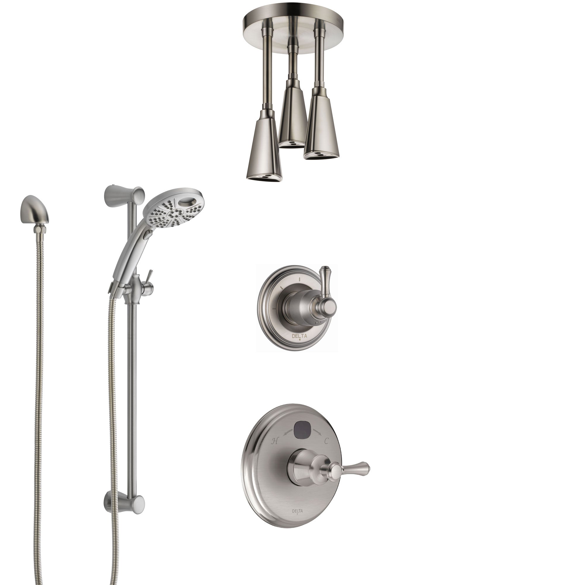 Delta Cassidy Stainless Steel Finish Shower System with Temp2O Control, Diverter, Ceiling Mount Showerhead, and Hand Shower with Slidebar SS14005SS7