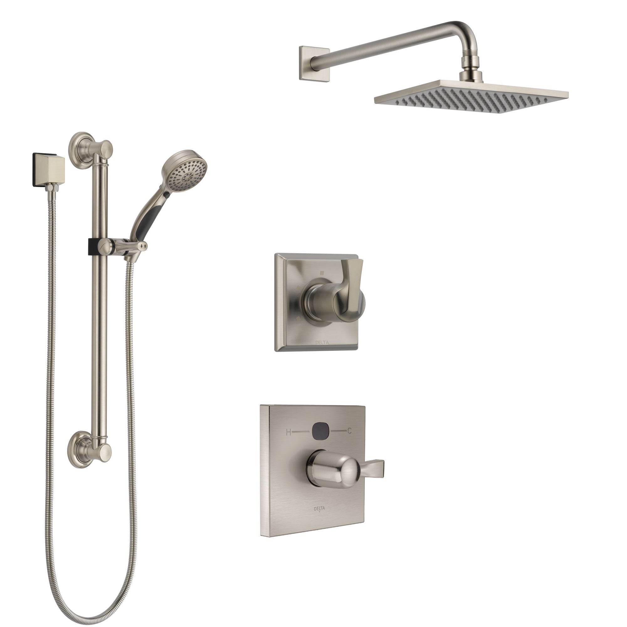 Delta Dryden Stainless Steel Finish Shower System with Temp2O Control Handle, 3-Setting Diverter, Showerhead, and Hand Shower with Grab Bar SS14011SS2