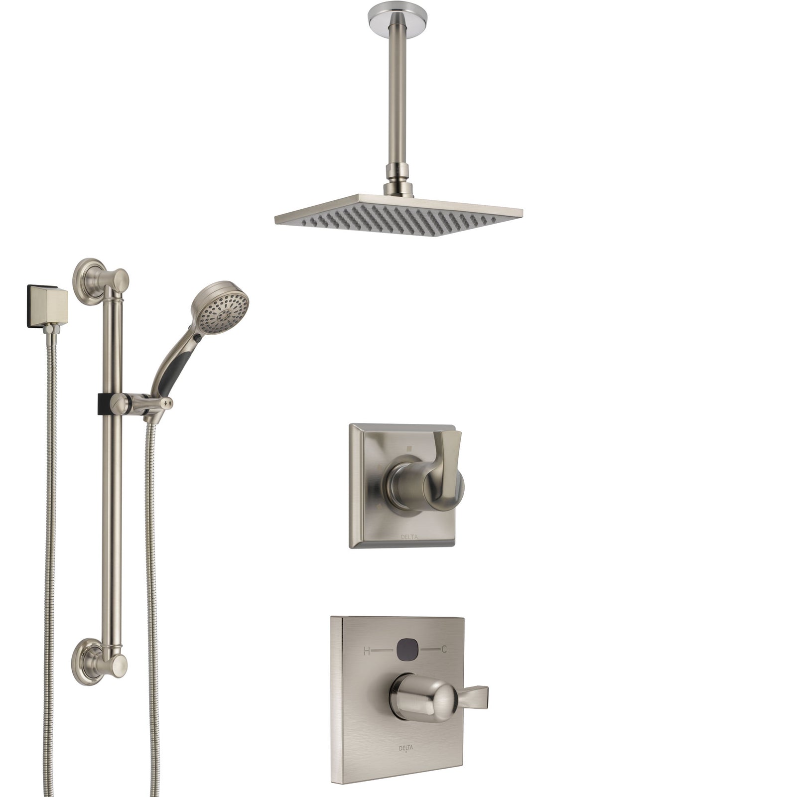 Delta Dryden Stainless Steel Finish Shower System with Temp2O Control, Diverter, Ceiling Mount Showerhead, and Hand Shower with Grab Bar SS14011SS3