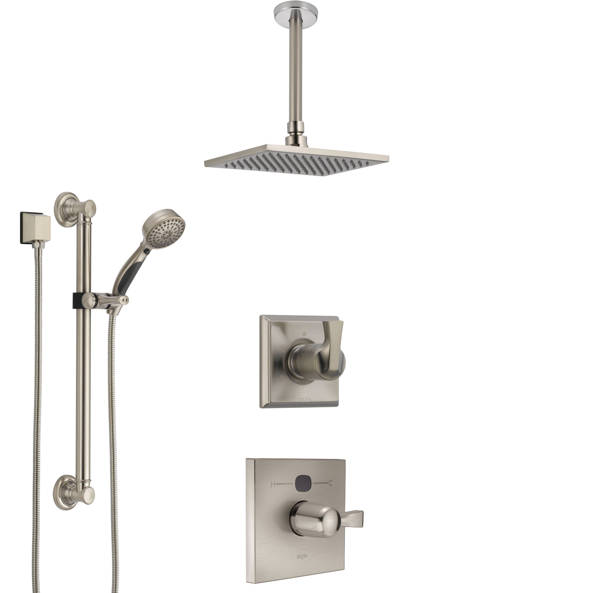 Delta Dryden Stainless Steel Finish Shower System with Temp2O Control, Diverter, Ceiling Mount Showerhead, and Hand Shower with Grab Bar SS14011SS3