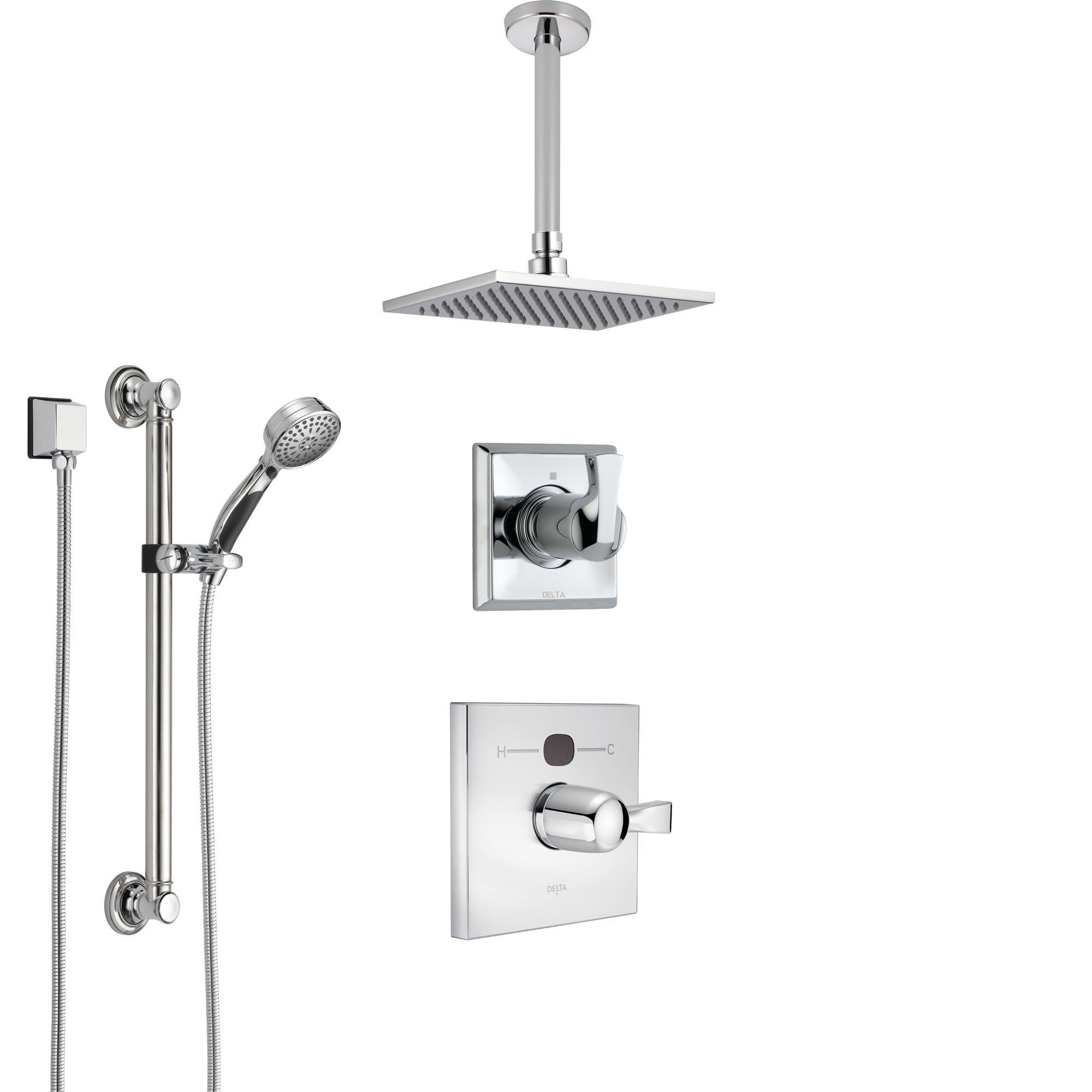 Delta Dryden Chrome Finish Shower System with Temp2O Control, 3-Setting Diverter, Ceiling Mount Showerhead, and Hand Shower with Grab Bar SS140123