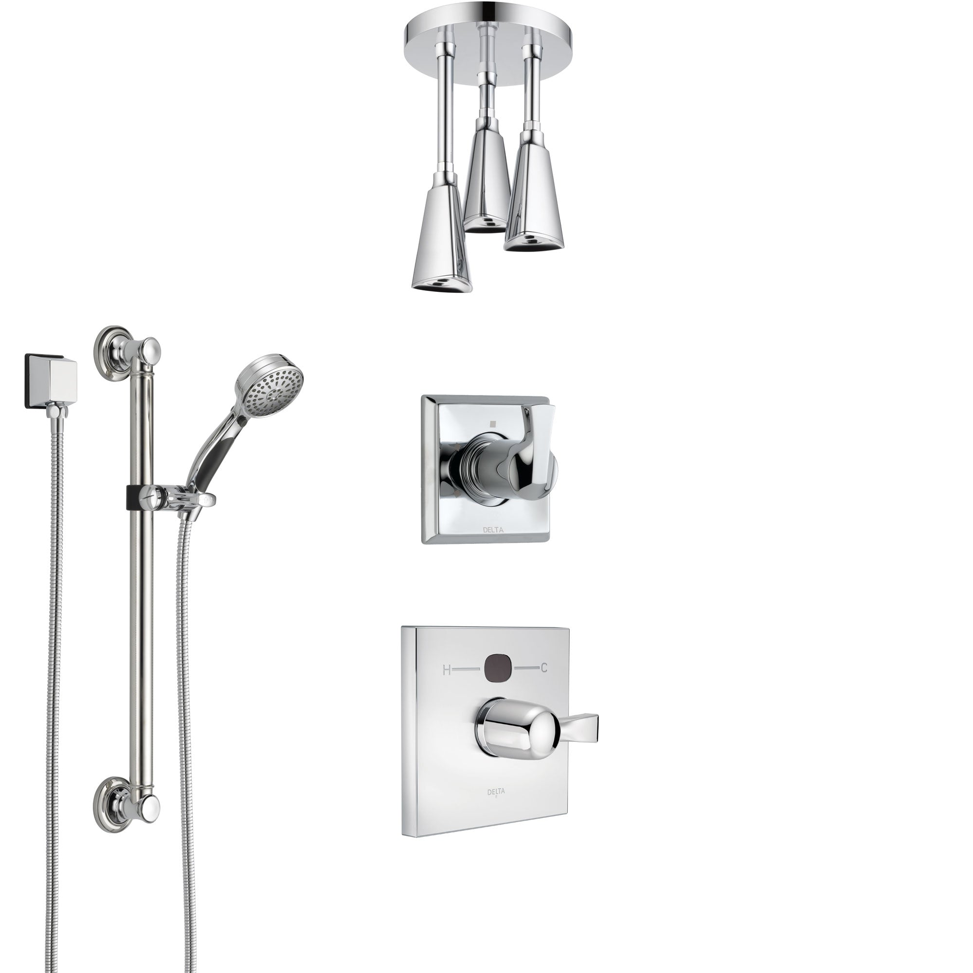 Delta Dryden Chrome Finish Shower System with Temp2O Control, 3-Setting Diverter, Ceiling Mount Showerhead, and Hand Shower with Grab Bar SS140124