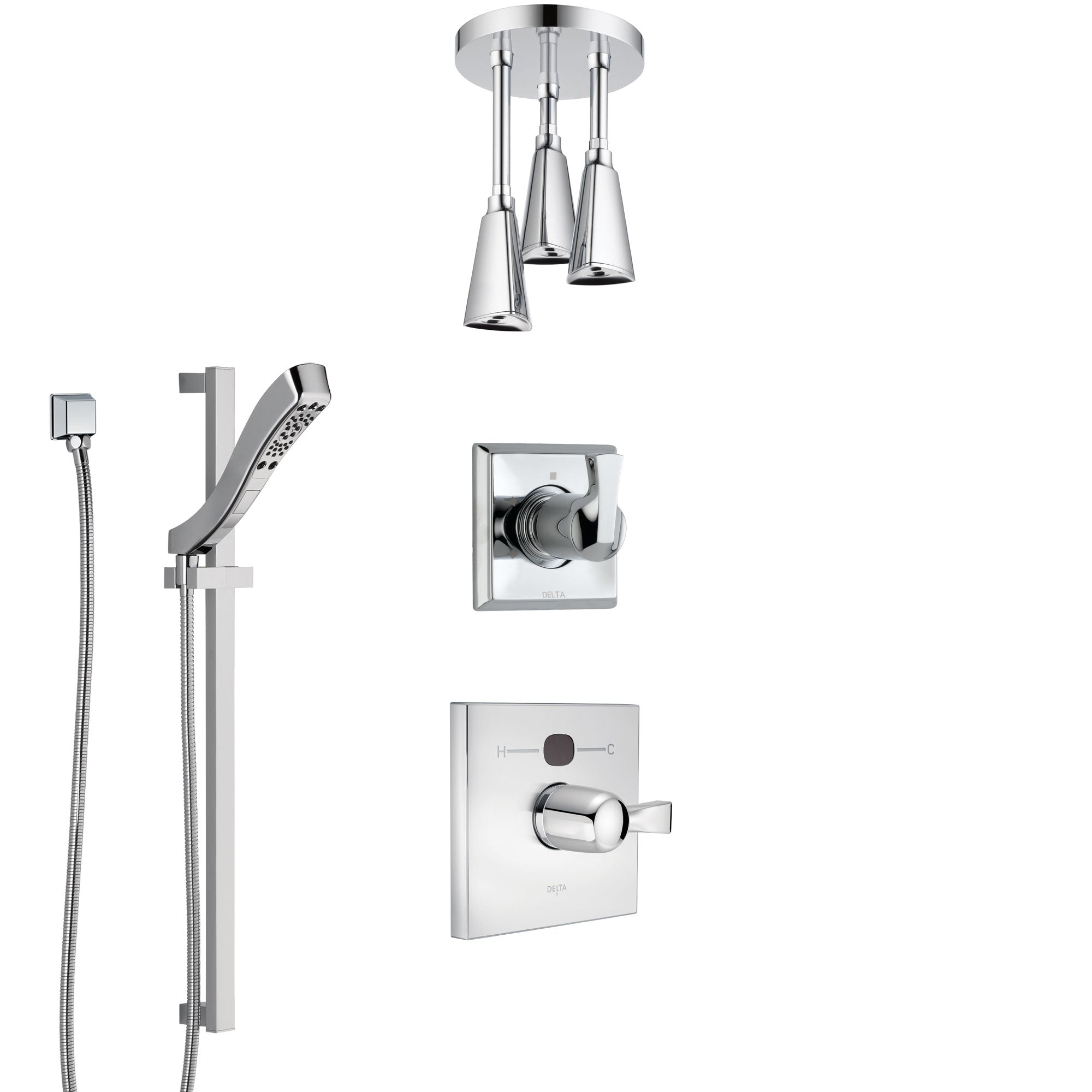 Delta Dryden Chrome Finish Shower System with Temp2O Control, 3-Setting Diverter, Ceiling Mount Showerhead, and Hand Shower with Slidebar SS140128