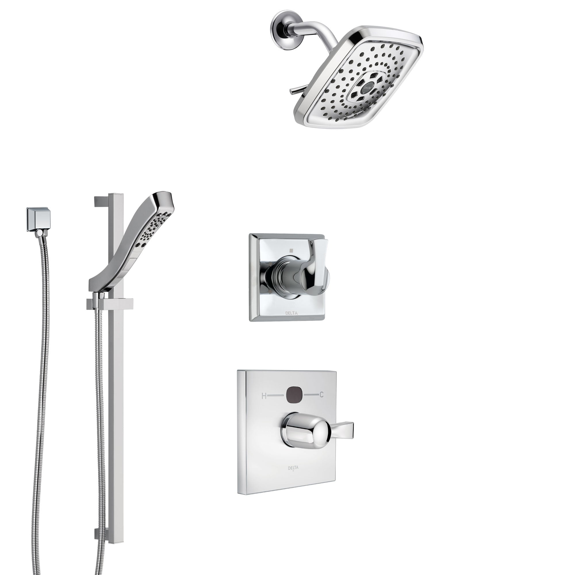 Delta Dryden Chrome Finish Shower System with Temp2O Control Handle, 3-Setting Diverter, Showerhead, and Hand Shower with Slidebar SS140129