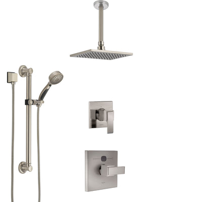 Delta Ara Stainless Steel Finish Shower System with Temp2O Control Handle, Diverter, Ceiling Mount Showerhead, and Hand Shower w/ Grab Bar SS14012SS2