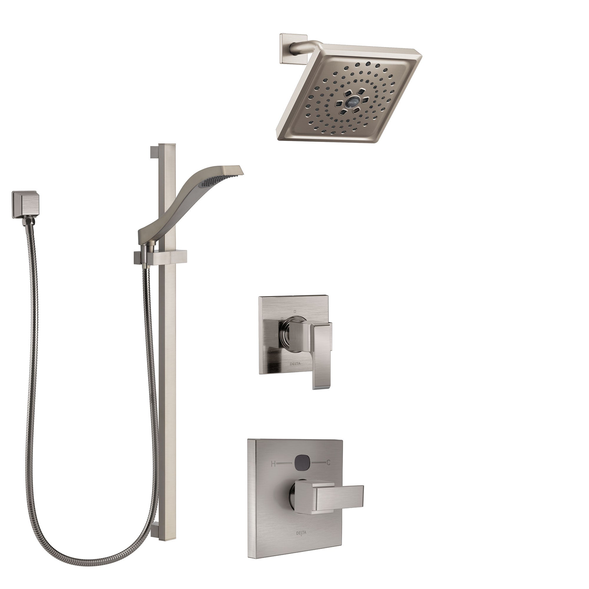 Delta Ara Stainless Steel Finish Shower System with Temp2O Control Handle, 3-Setting Diverter, Showerhead, and Hand Shower with Slidebar SS14012SS5