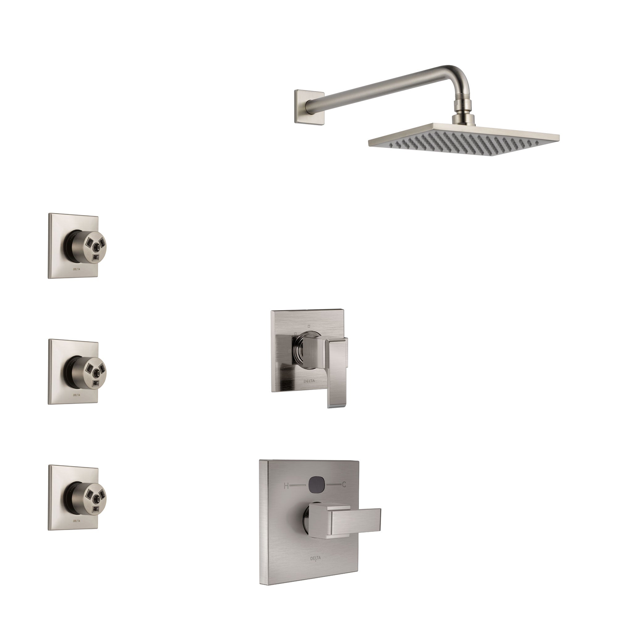 Delta Ara Stainless Steel Finish Shower System with Temp2O Control Handle, 3-Setting Diverter, Showerhead, and 3 Body Sprays SS14012SS7