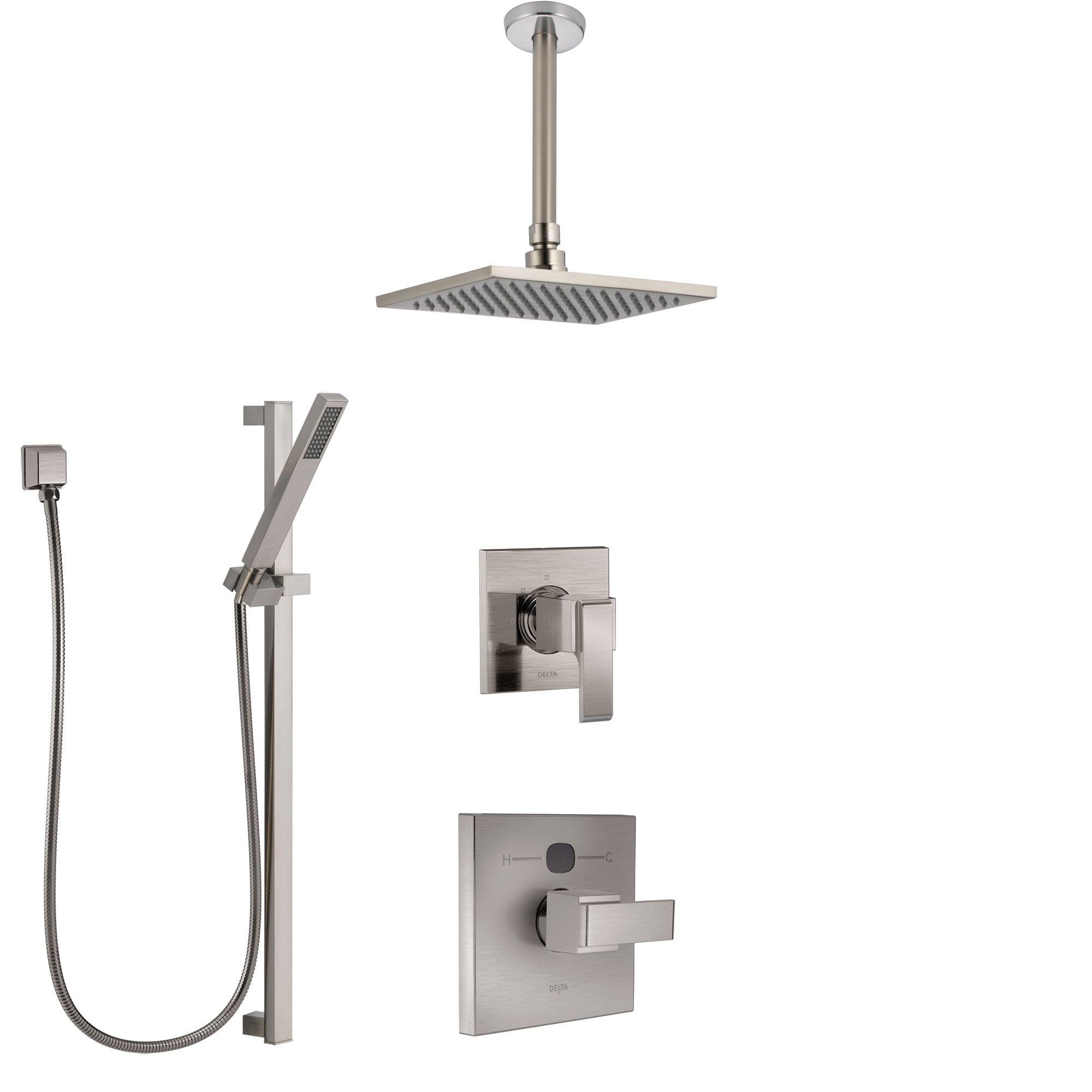 Delta Ara Stainless Steel Finish Shower System with Temp2O Control Handle, Diverter, Ceiling Mount Showerhead, and Hand Shower w/ Slidebar SS14012SS9