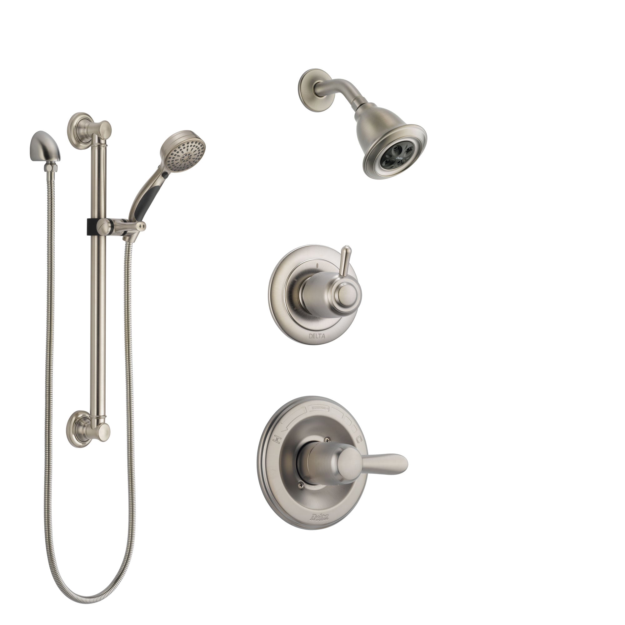 Delta Lahara Stainless Steel Finish Shower System with Control Handle, 3-Setting Diverter, Showerhead, and Hand Shower with Grab Bar SS142381SS3