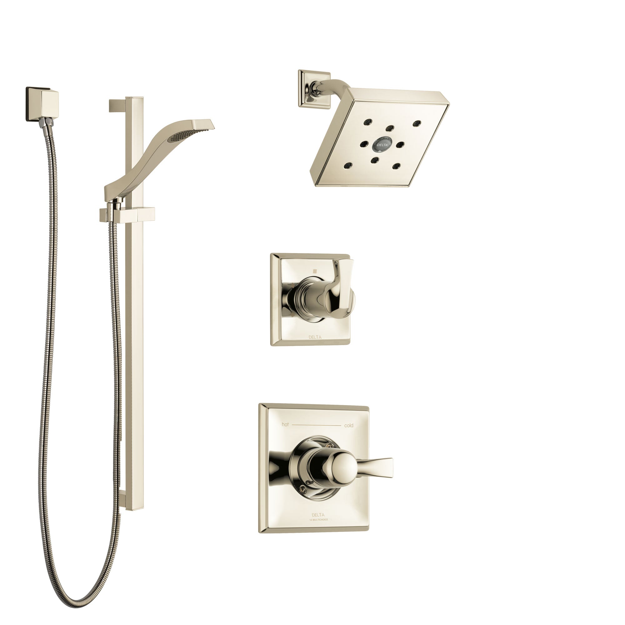 Delta Dryden Polished Nickel Finish Shower System with Control Handle, 3-Setting Diverter, Showerhead, and Hand Shower with Slidebar SS142512PN2