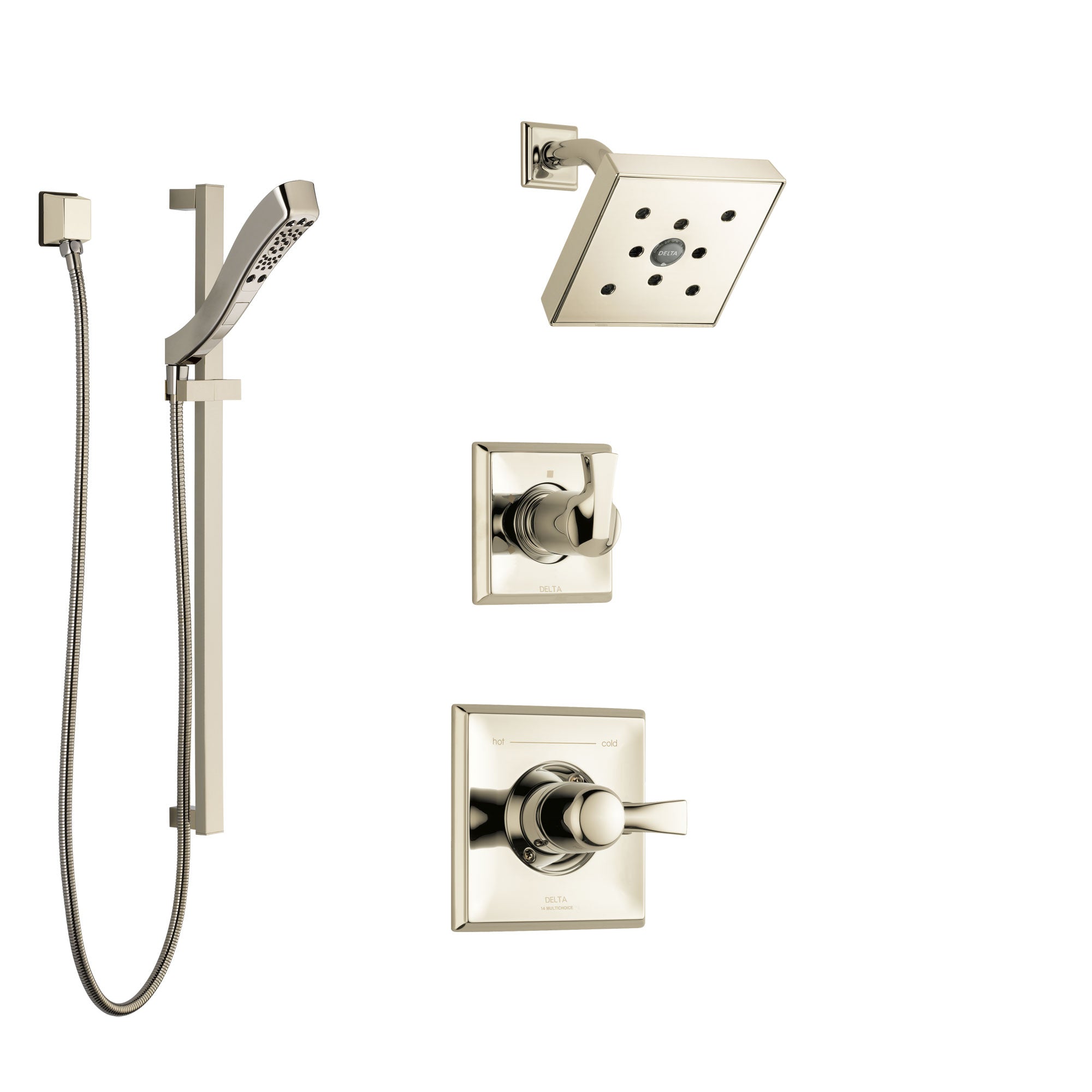 Delta Dryden Polished Nickel Finish Shower System with Control Handle, 3-Setting Diverter, Showerhead, and Hand Shower with Slidebar SS142512PN3