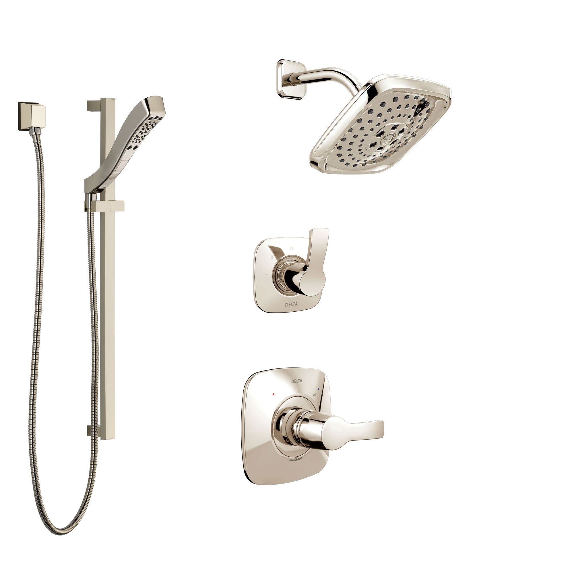 Delta Tesla Polished Nickel Finish Shower System with Control Handle, 3-Setting Diverter, Showerhead, and Hand Shower with Slidebar SS14252PN2