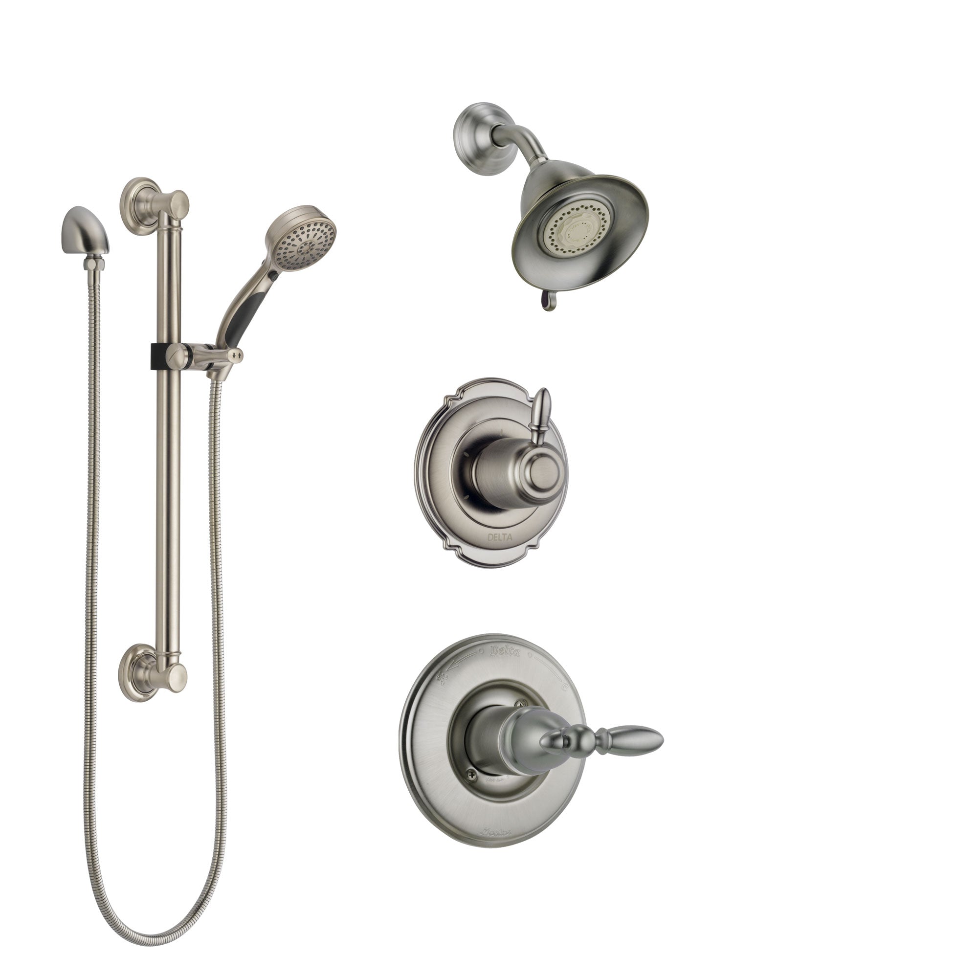 Delta Victorian Stainless Steel Finish Shower System with Control Handle, 3-Setting Diverter, Showerhead, and Hand Shower with Grab Bar SS14255SS3