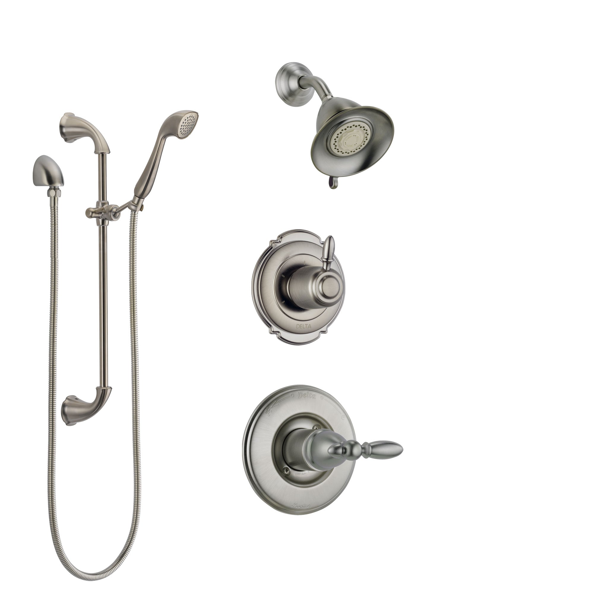 Delta Victorian Stainless Steel Finish Shower System with Control Handle, 3-Setting Diverter, Showerhead, and Hand Shower with Slidebar SS14255SS4