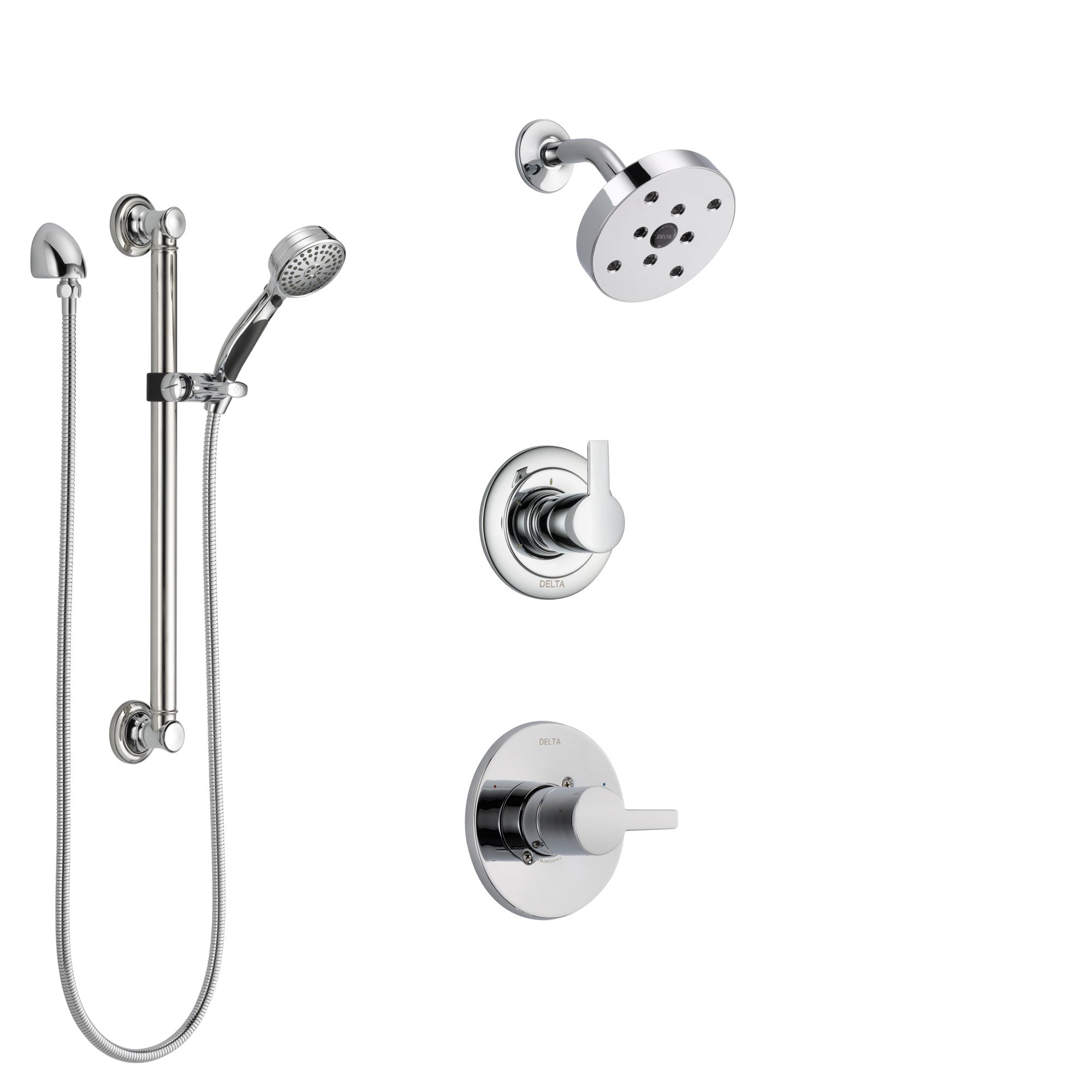 Delta Compel Chrome Finish Shower System with Control Handle, 3-Setting Diverter, Showerhead, and Hand Shower with Grab Bar SS1426113