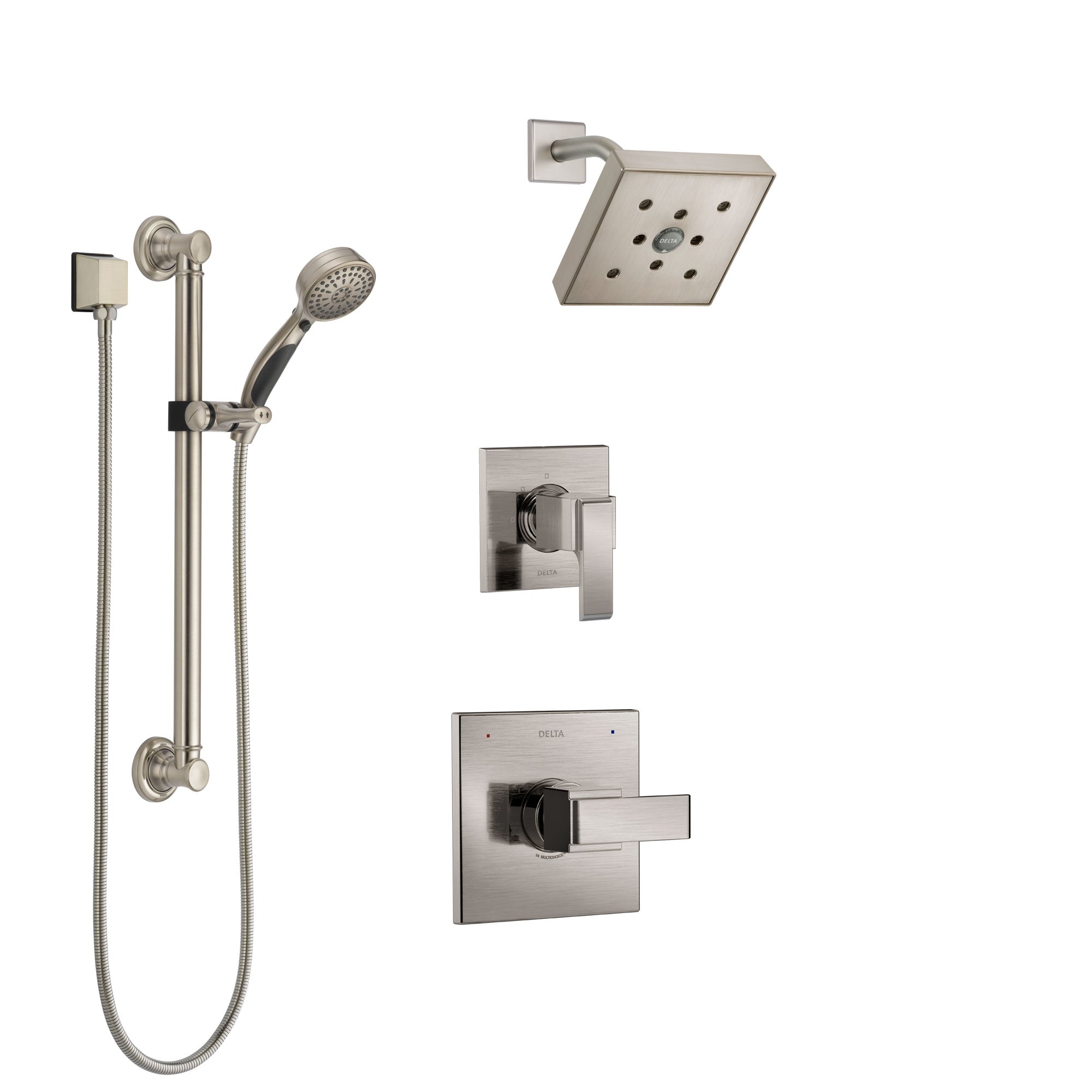 Delta Ara Stainless Steel Finish Shower System with Control Handle, 3-Setting Diverter, Showerhead, and Hand Shower with Grab Bar SS142671SS3