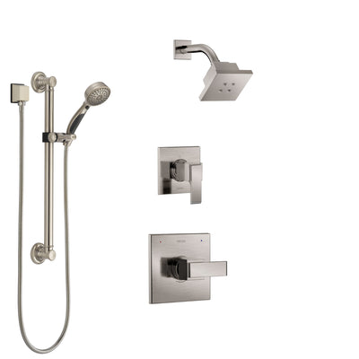 Delta Ara Stainless Steel Finish Shower System with Control Handle, 3-Setting Diverter, Showerhead, and Hand Shower with Grab Bar SS142672SS3