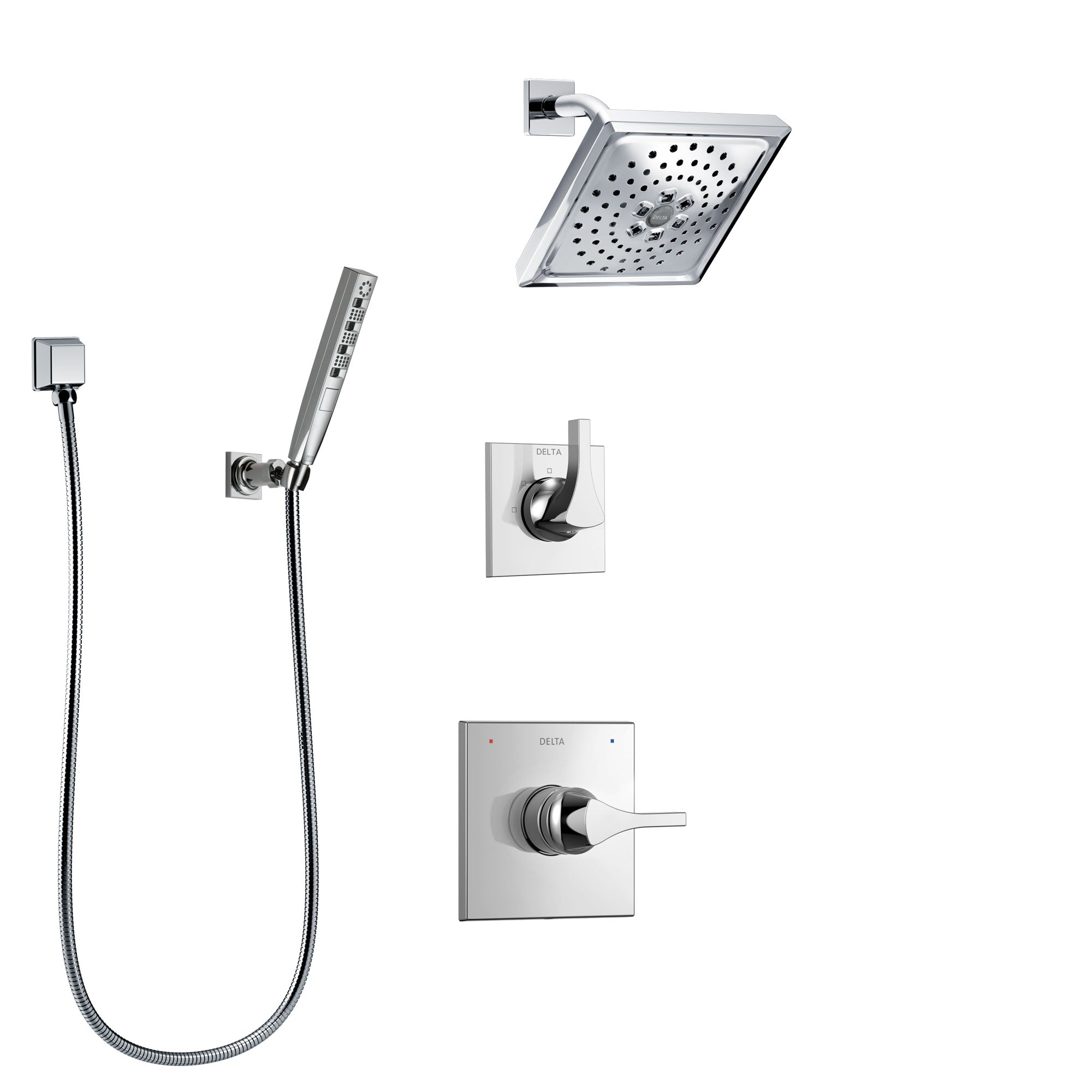 Delta Zura Chrome Finish Shower System with Control Handle, 3-Setting Diverter, Showerhead, and Hand Shower with Wall Bracket SS142745