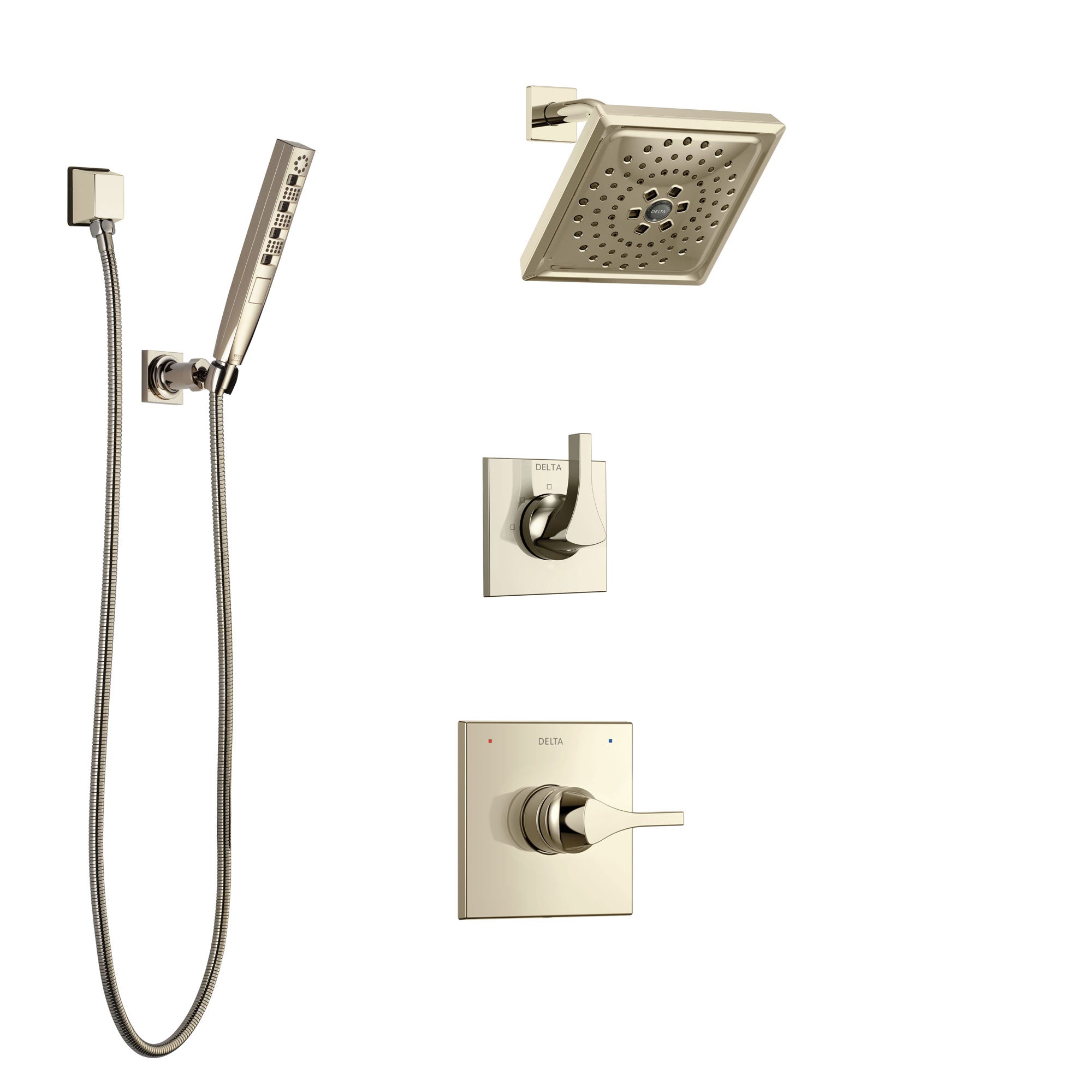Delta Zura Polished Nickel Finish Shower System with Control Handle, 3-Setting Diverter, Showerhead, and Hand Shower with Wall Bracket SS14274PN2