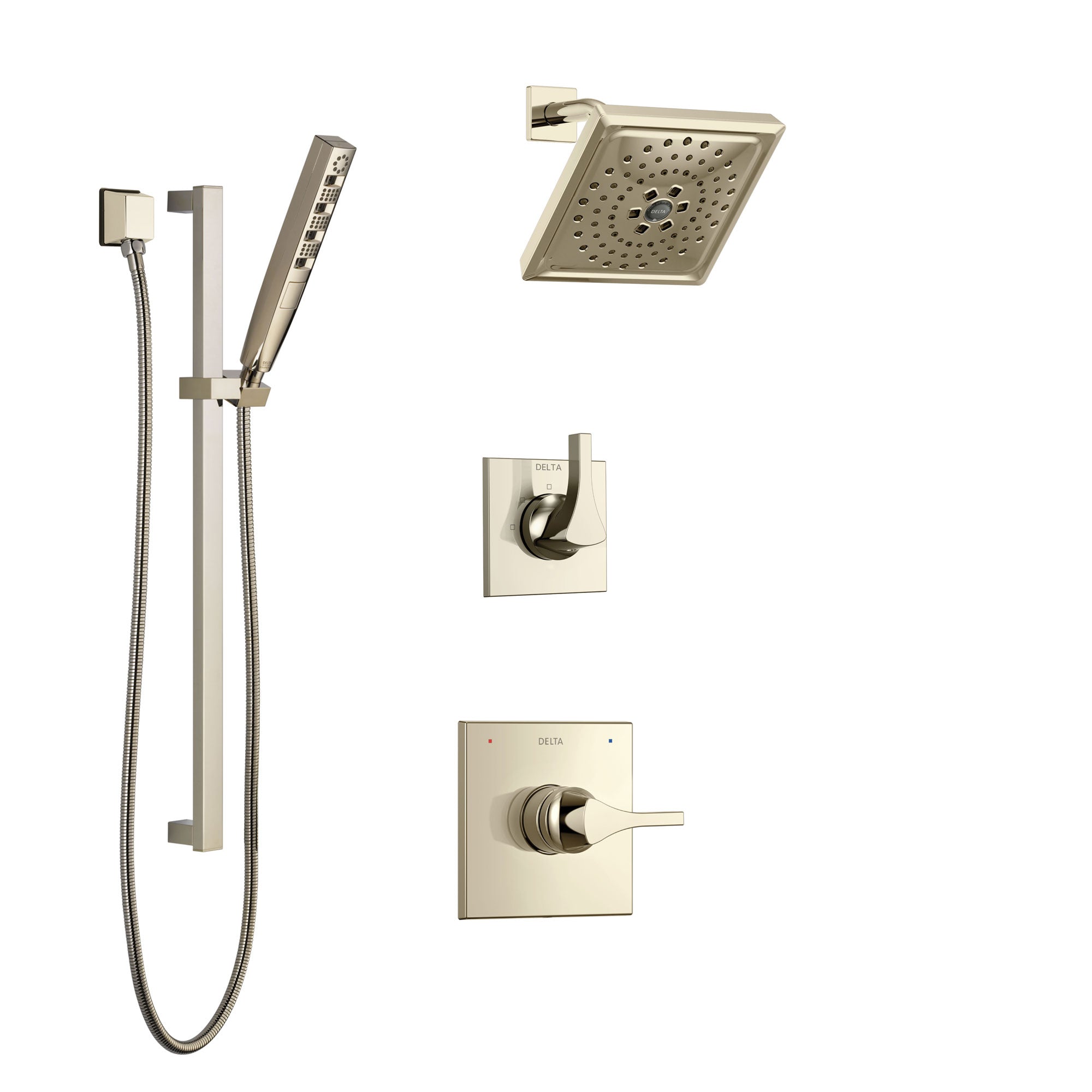 Delta Zura Polished Nickel Finish Shower System with Control Handle, 3-Setting Diverter, Showerhead, and Hand Shower with Slidebar SS14274PN3
