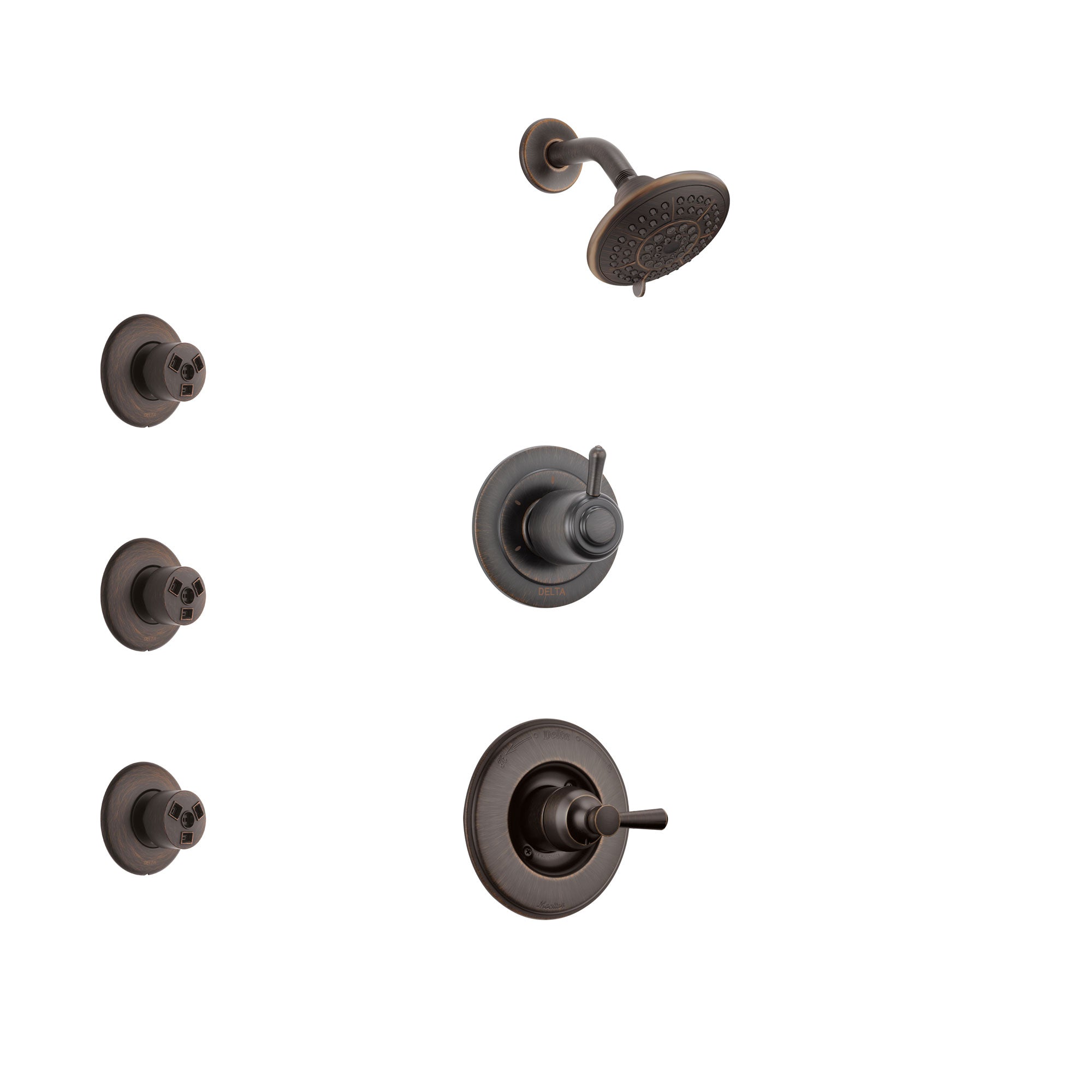 Delta Linden Venetian Bronze Finish Shower System with Control Handle, 3-Setting Diverter, Showerhead, and 3 Body Sprays SS14293RB2