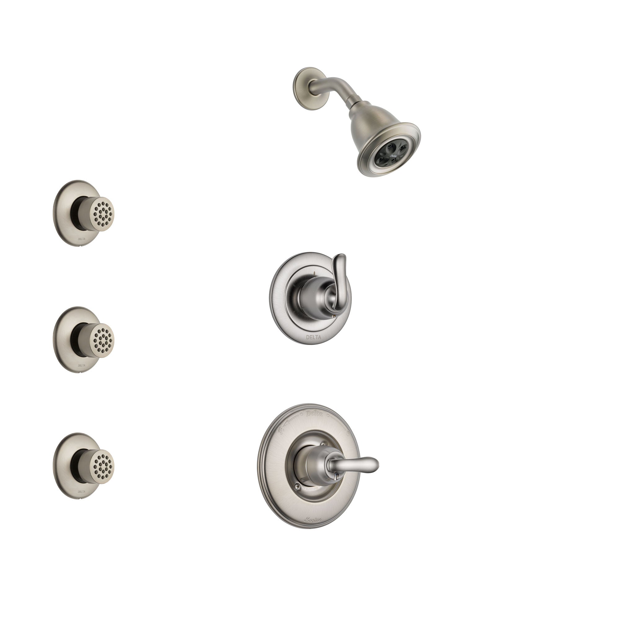 Delta Linden Stainless Steel Finish Shower System with Control Handle, 3-Setting Diverter, Showerhead, and 3 Body Sprays SS14294SS2
