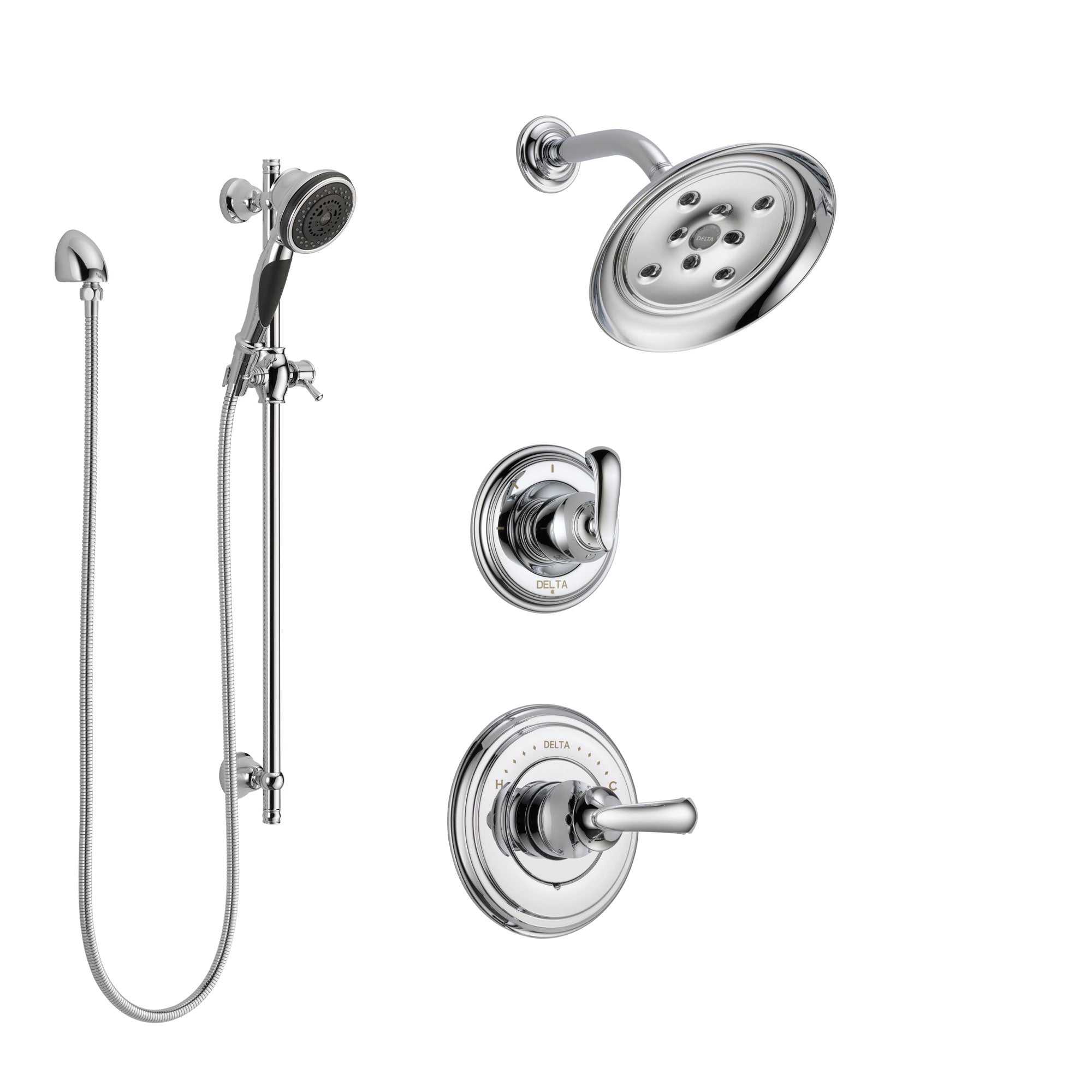 Delta Cassidy Chrome Finish Shower System with Control Handle, 3-Setting Diverter, Showerhead, and Hand Shower with Slidebar SS1429715