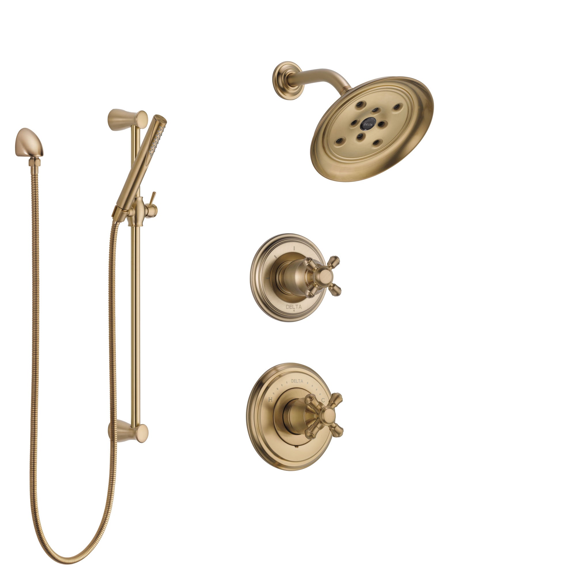 Delta Cassidy Champagne Bronze Finish Shower System with Control Handle, 3-Setting Diverter, Showerhead, and Hand Shower with Slidebar SS142971CZ2