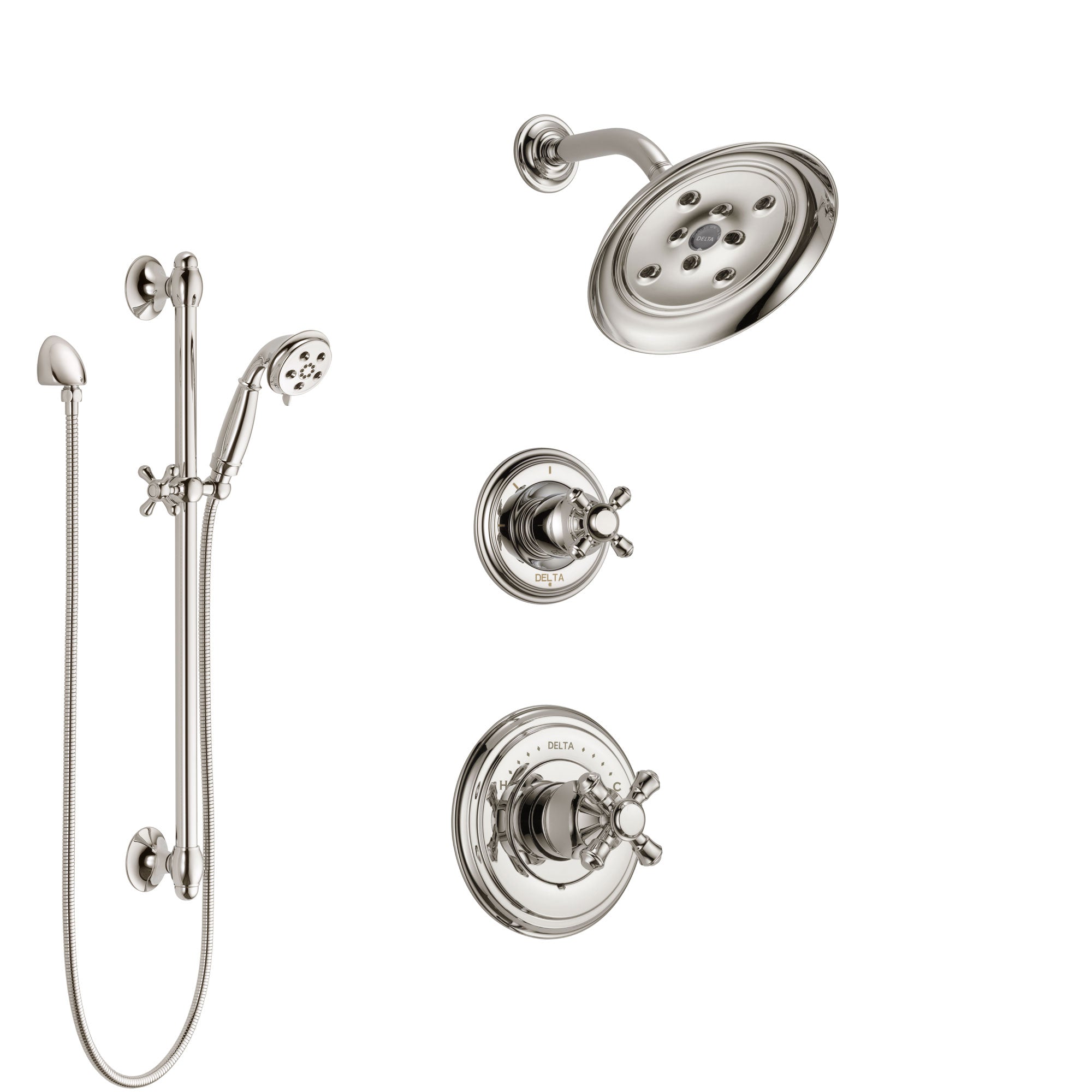 Delta Cassidy Polished Nickel Finish Shower System with Control Handle, 3-Setting Diverter, Showerhead, and Hand Shower with Slidebar SS142971PN2