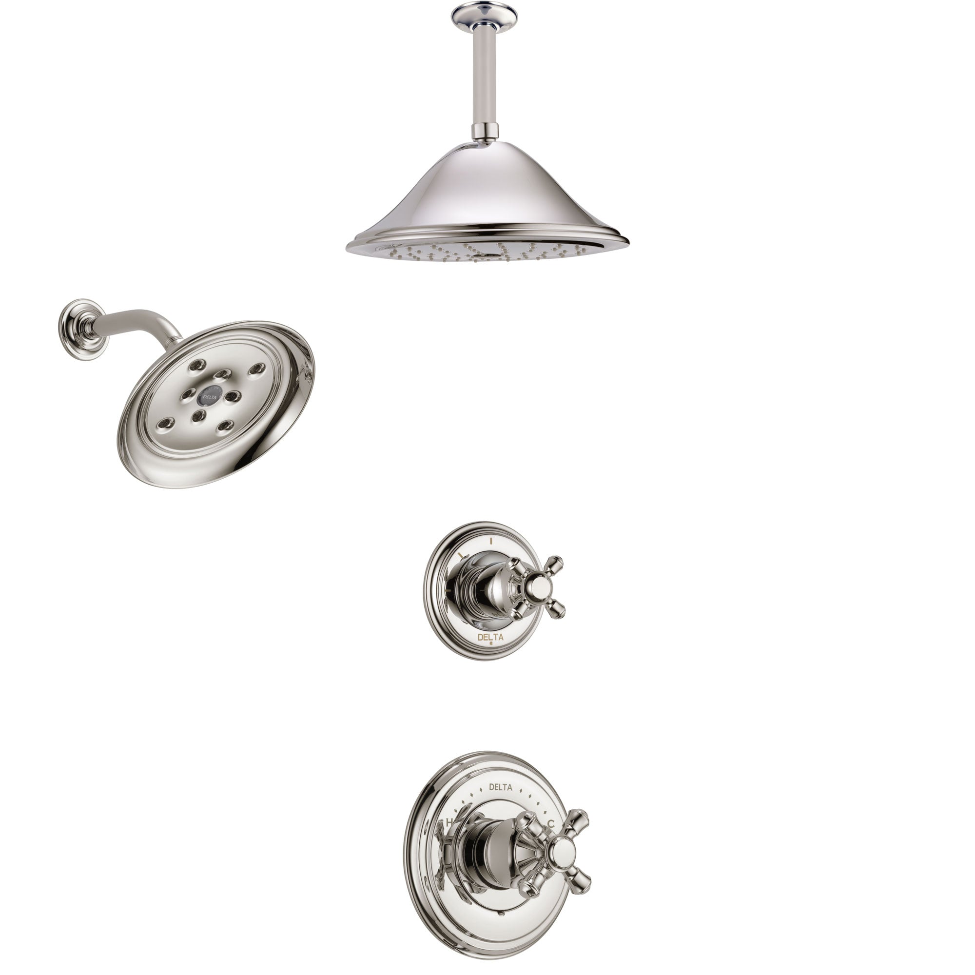 Delta Cassidy Polished Nickel Finish Shower System with Control Handle, 3-Setting Diverter, Showerhead, and Ceiling Mount Showerhead SS142971PN3