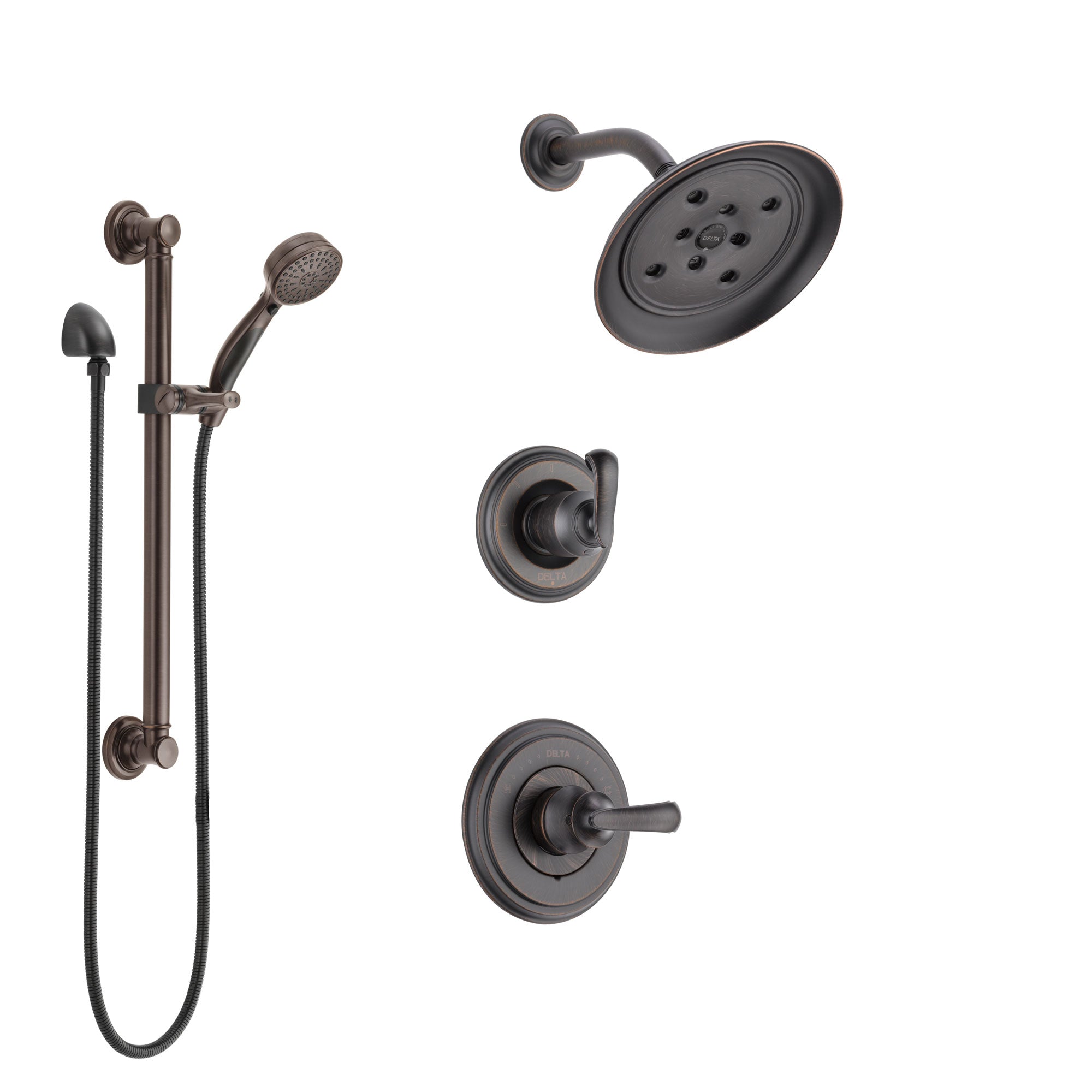 Delta Cassidy Venetian Bronze Finish Shower System with Control Handle, 3-Setting Diverter, Showerhead, and Hand Shower with Grab Bar SS142971RB3