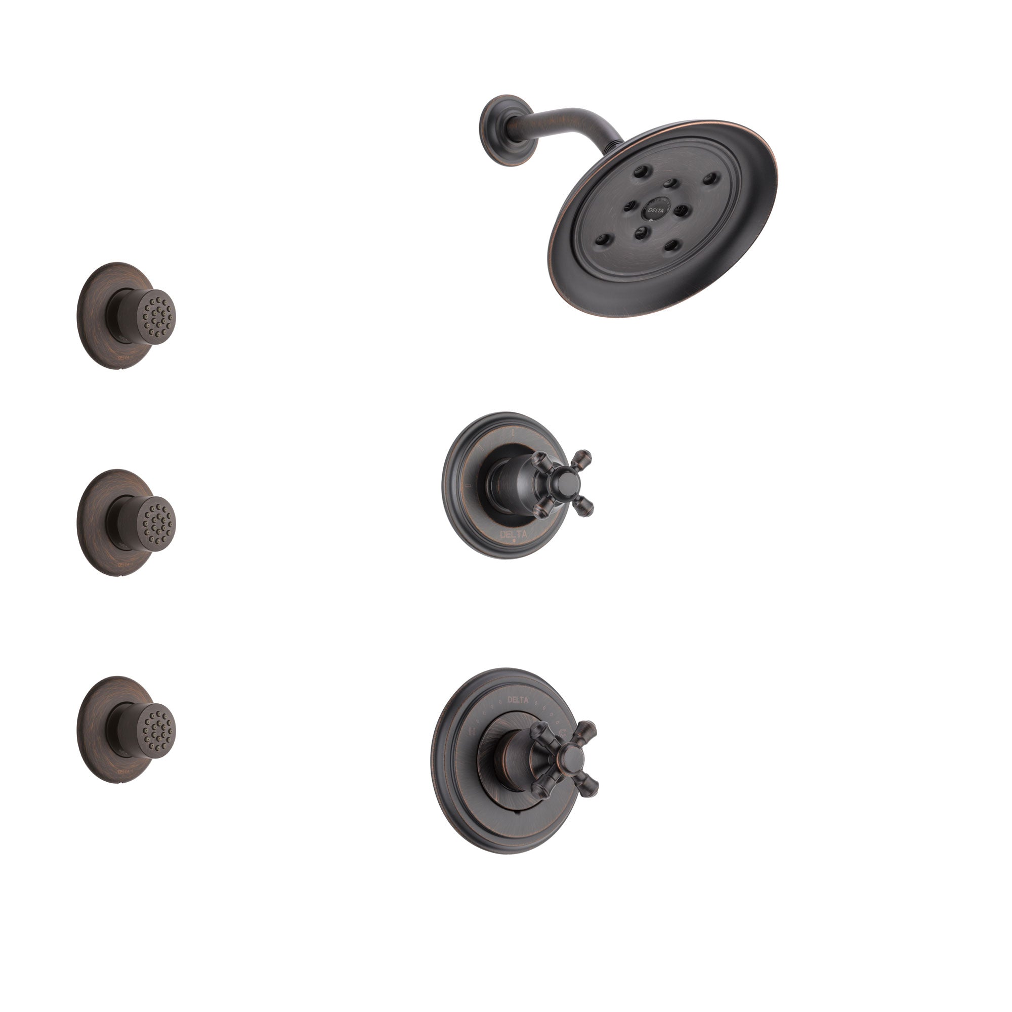 Delta Cassidy Venetian Bronze Finish Shower System with Control Handle, 3-Setting Diverter, Showerhead, and 3 Body Sprays SS142972RB1
