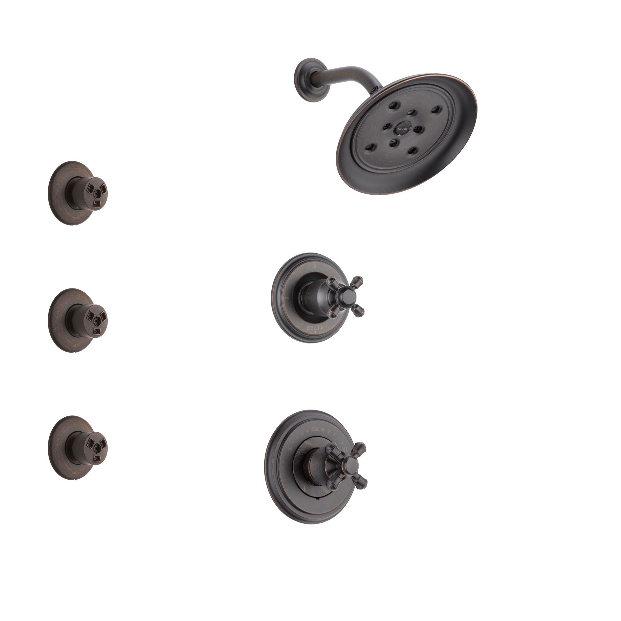 Delta Cassidy Venetian Bronze Finish Shower System with Control Handle, 3-Setting Diverter, Showerhead, and 3 Body Sprays SS142972RB2